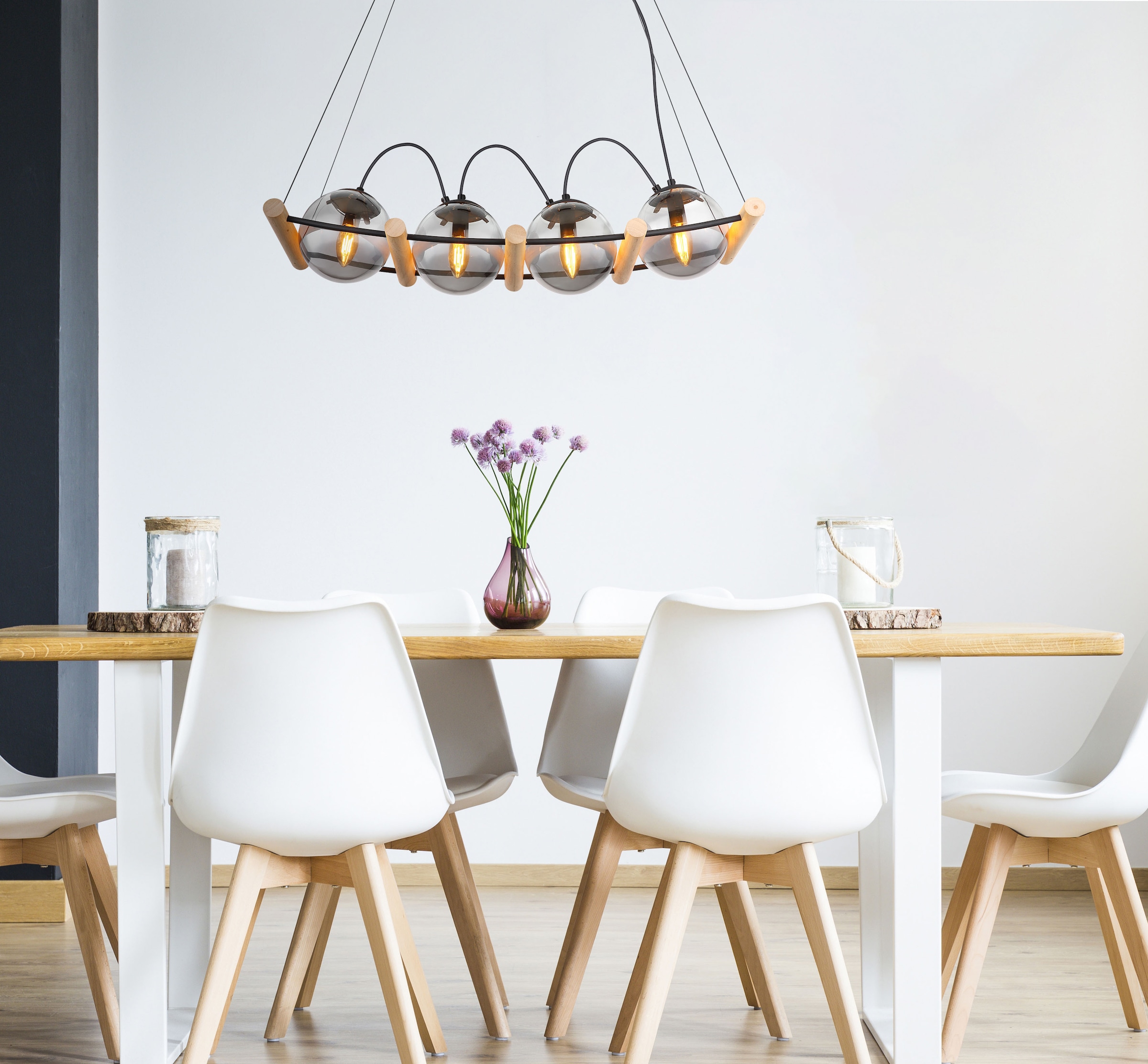 GLOBO LIGHTING Hängeleuchte »LEONA« E14 1 Stk. Hängeleuchte Schwarz/Holz, Rauchglas, höhenverstellbar, E14 LED