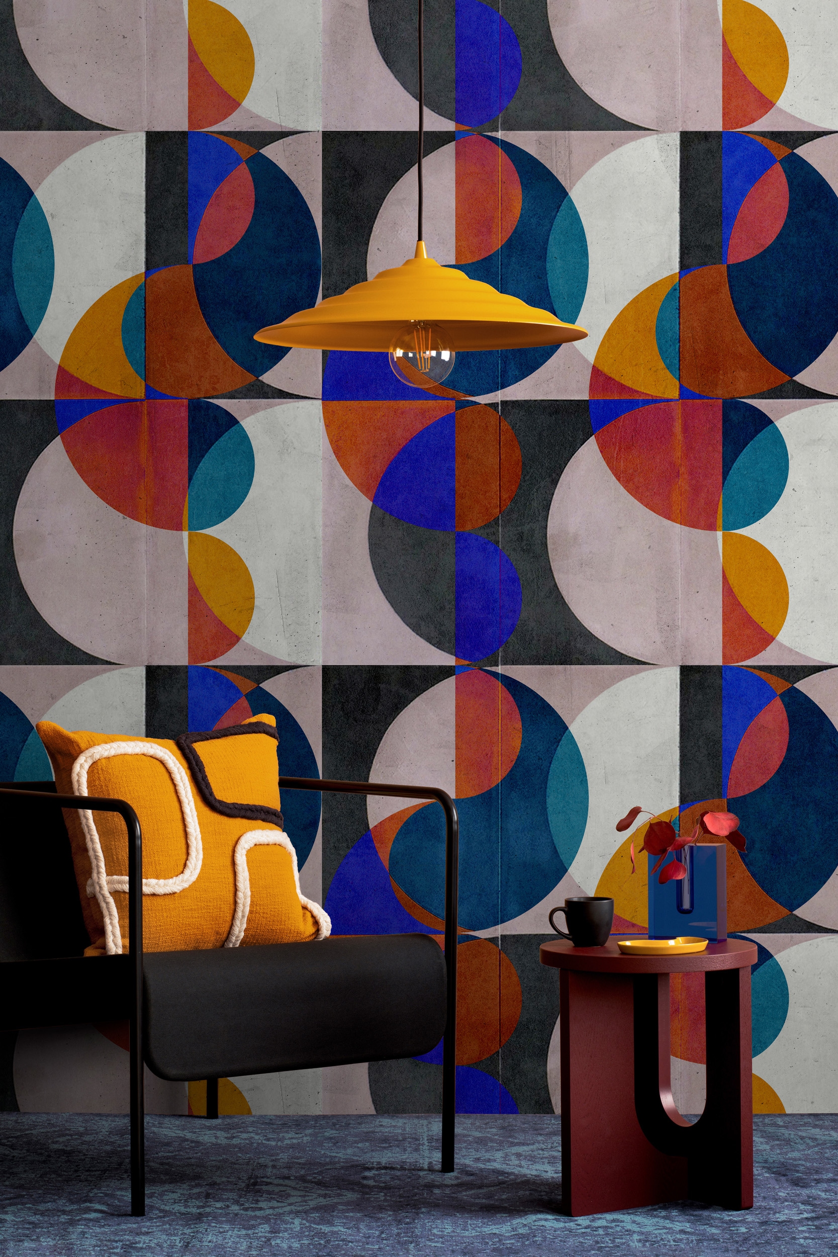 living walls Vliestapete "Geometrische Retro-Tapete Bunt Blau Orange" matt glatt
