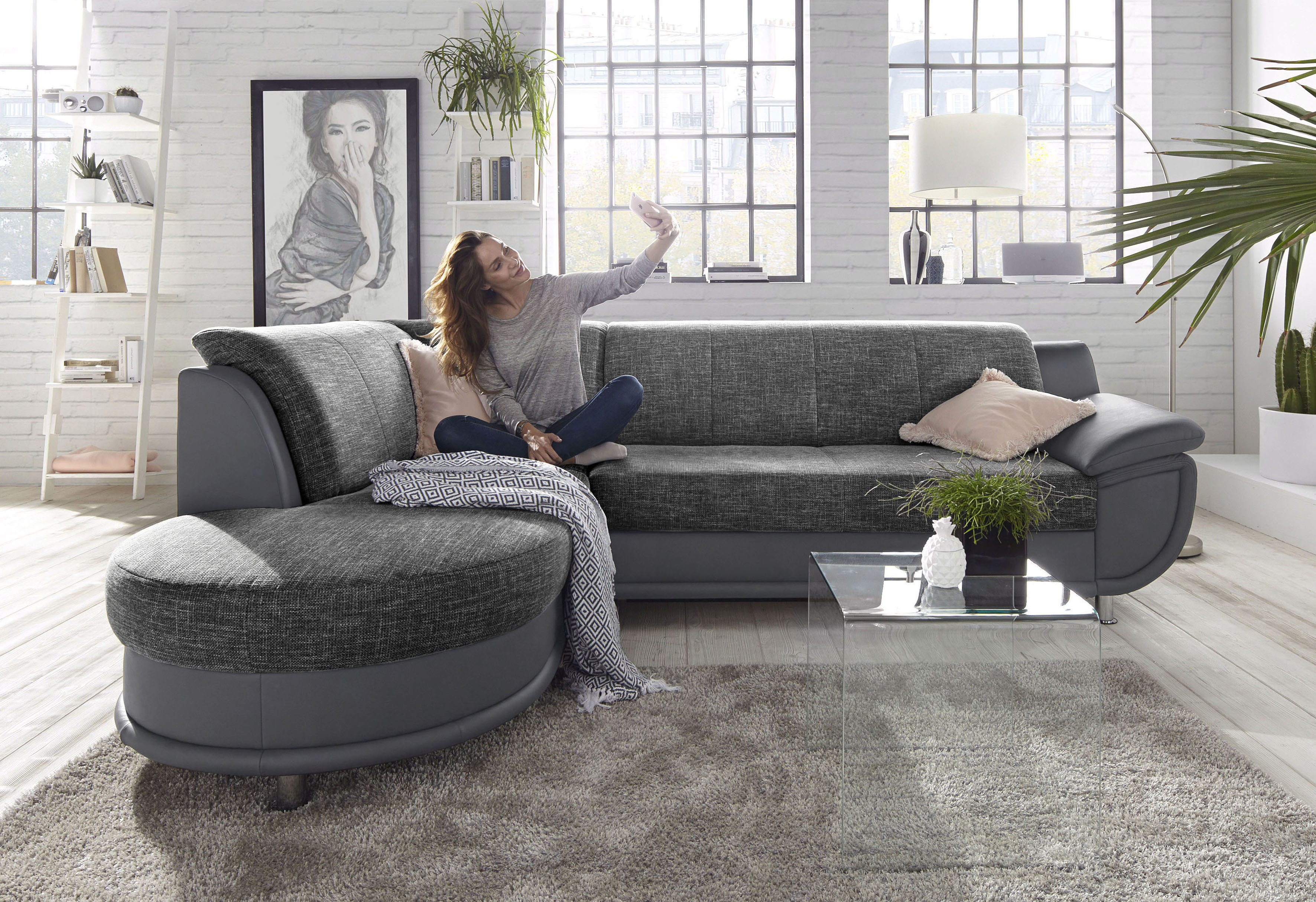 TRENDMANUFAKTUR Ecksofa "Rondo 3, zeitlos & bequem, Materialmix, L-Form, Breite 265cm" wahlweise mit Federkern für mehr Komfort, wahlweise mit Bettfunktion