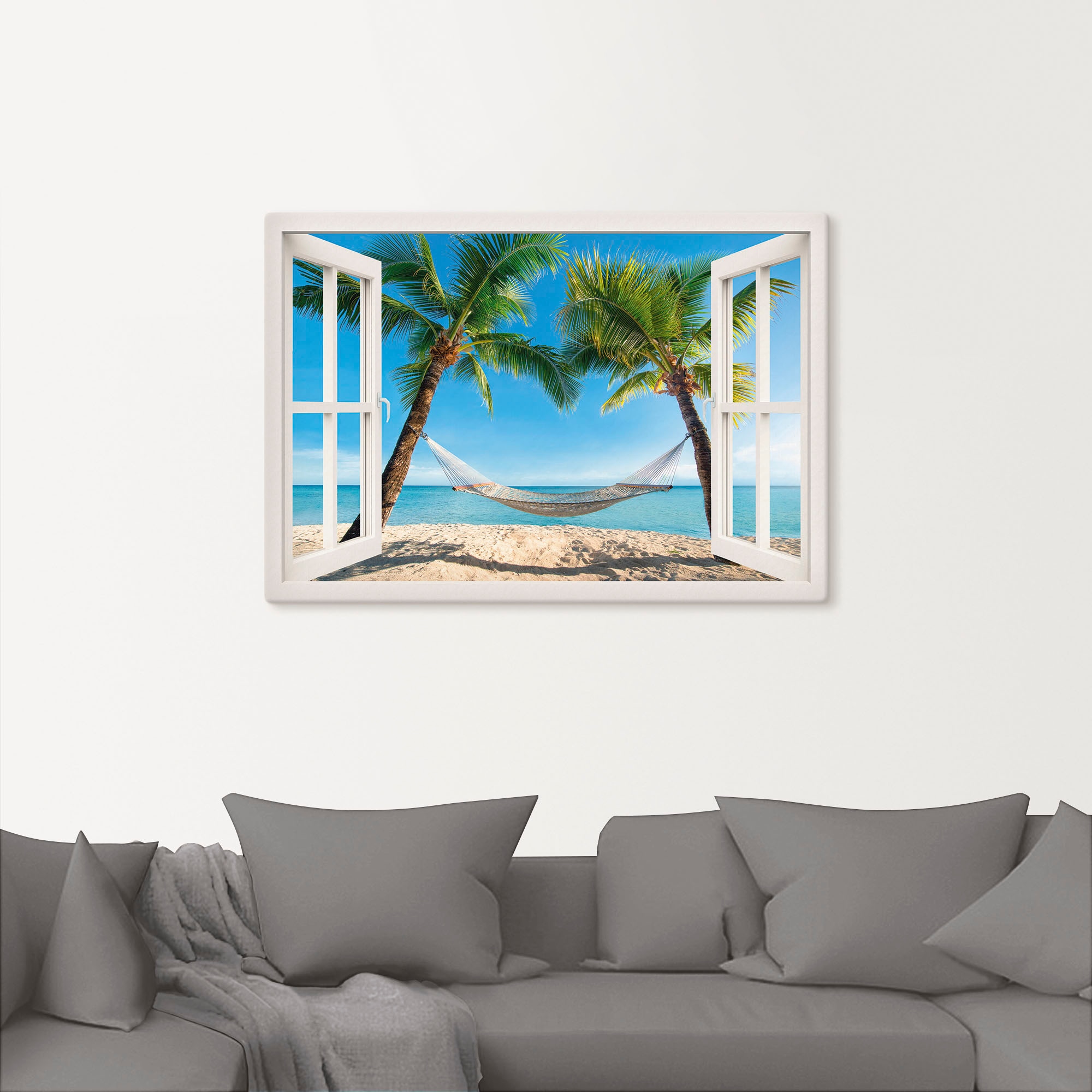 Artland Wandbild »Fensterblick Palmenstrand Karibik«, Amerika, (1 St.), als Alubild, Outdoorbild, Leinwandbild, Poster, Wandaufkleber