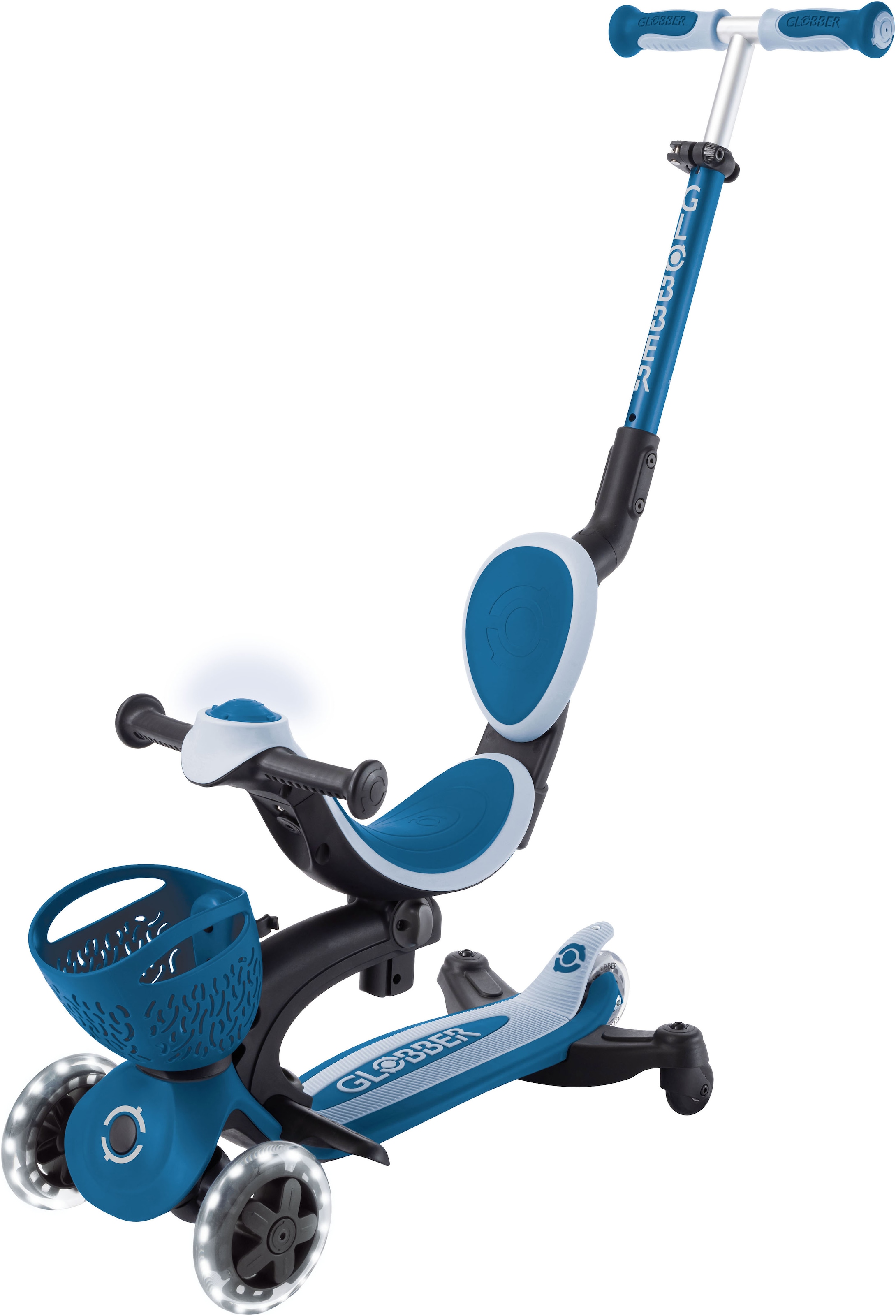 Globber Tretroller »GO-UP BABY 360 LIGHTS, mit Leuchtrollen und Leuchtmodul« Aufsitzrad, Laufrad und Scooter in Einem