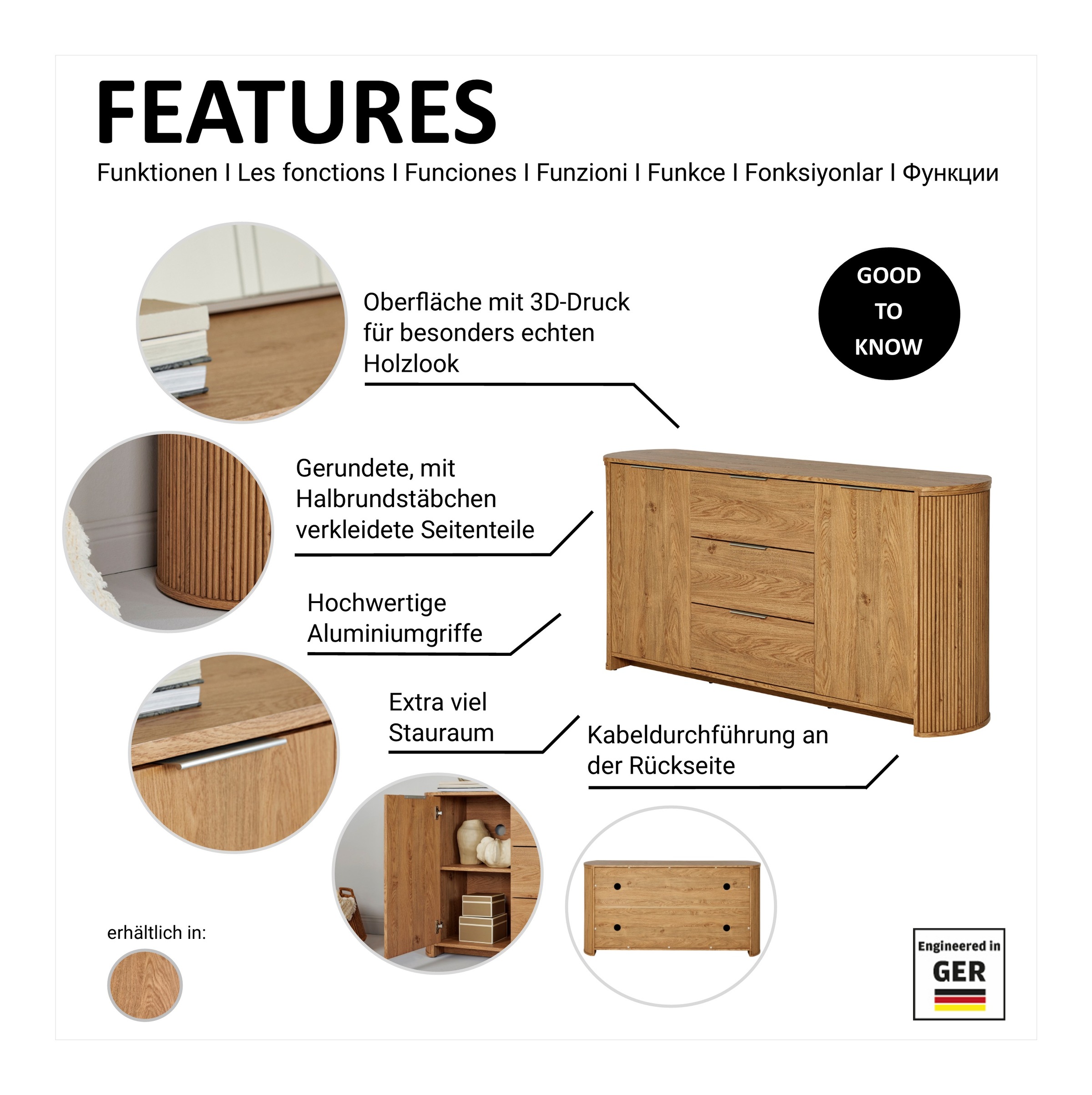 Jahnke Sideboard »MOON SB 160«, (1 St.), Sideboard, 2 Türen & 3 Schubladen, abgerundet, Breite ca. 160 cm