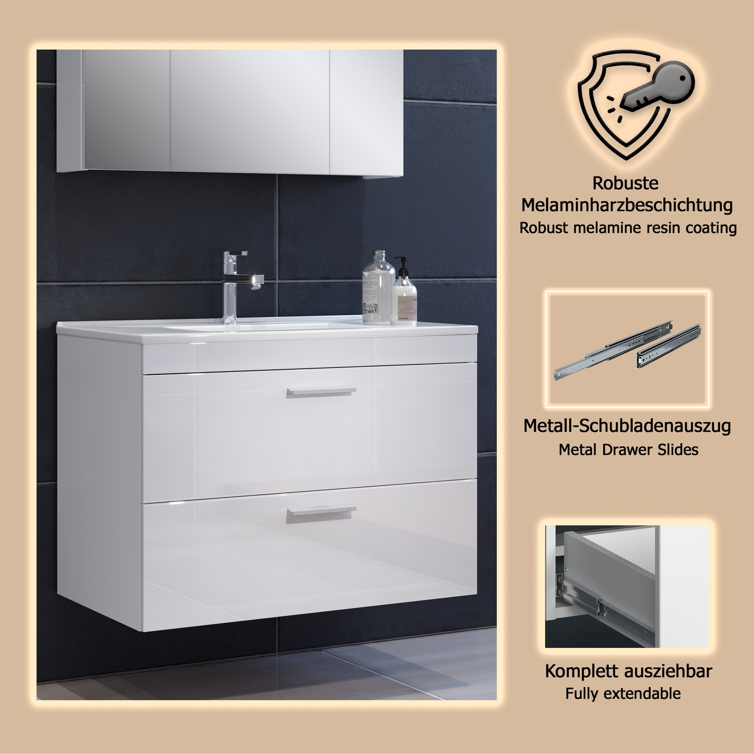 welltime Waschbeckenunterschrank »Dormoletto« Hänge-Waschbeckenunterschrank m. Becken - (B/T/H) 81/47/59 cm