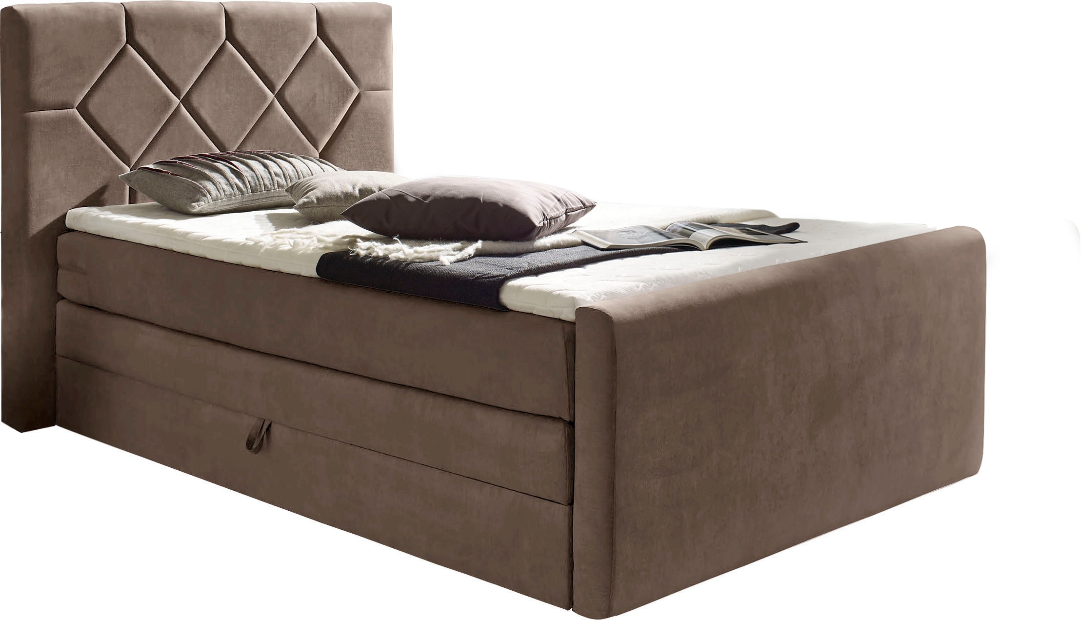Boxspringbett HOME AFFAIRE "Atlanta", grau (taupe), B:110cm L:221cm, Kunststoff, Massivholz, Stoff, Komplettbetten, Boxspringbett, inklusive Topper und Bettkasten