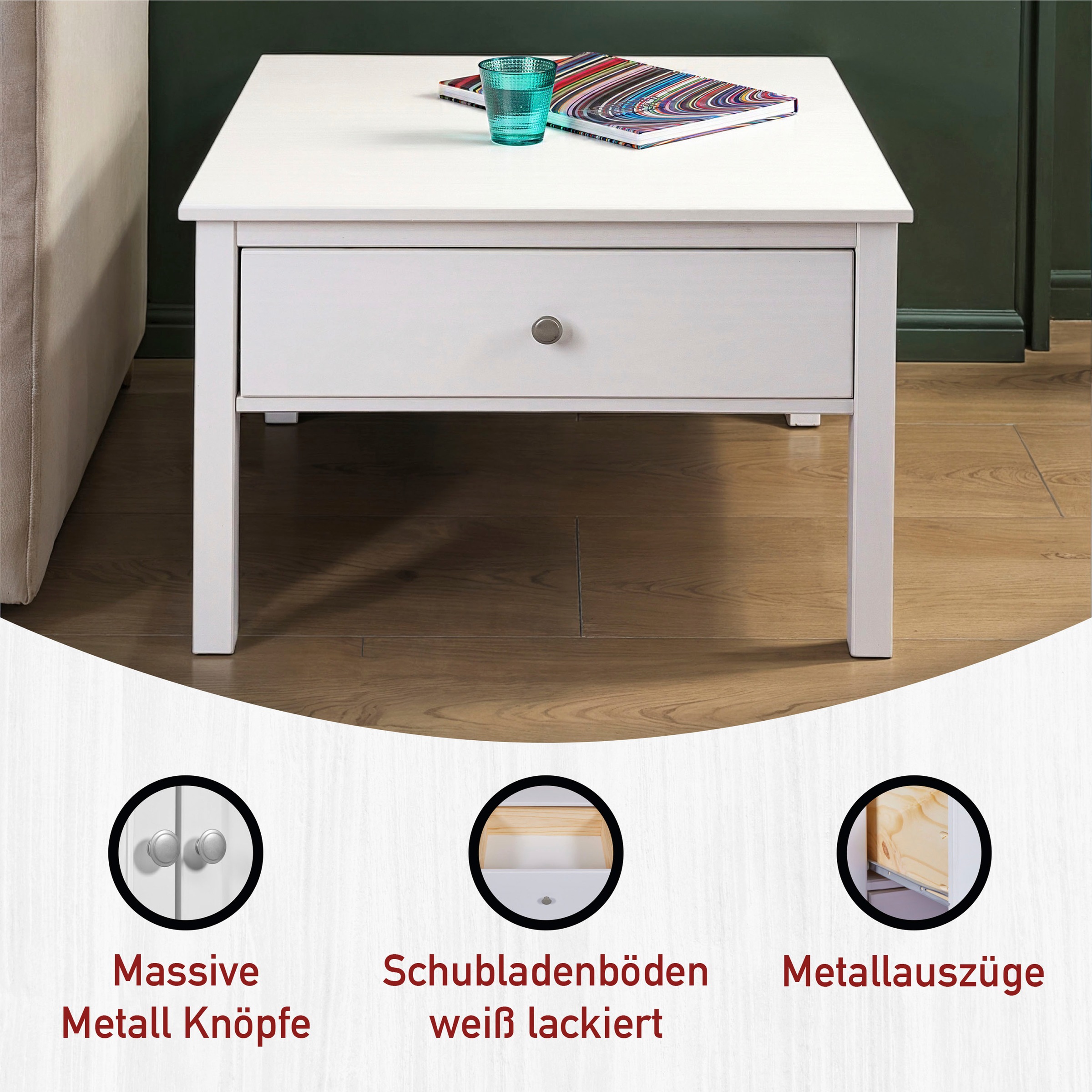Inter Link Couchtisch »Pinora aus massiver Kiefer, weiss lackiert, 70 x 70 x 47 cm« 1 Stk. tlg. Salontisch im modernem Skandi Look, mit Schublade