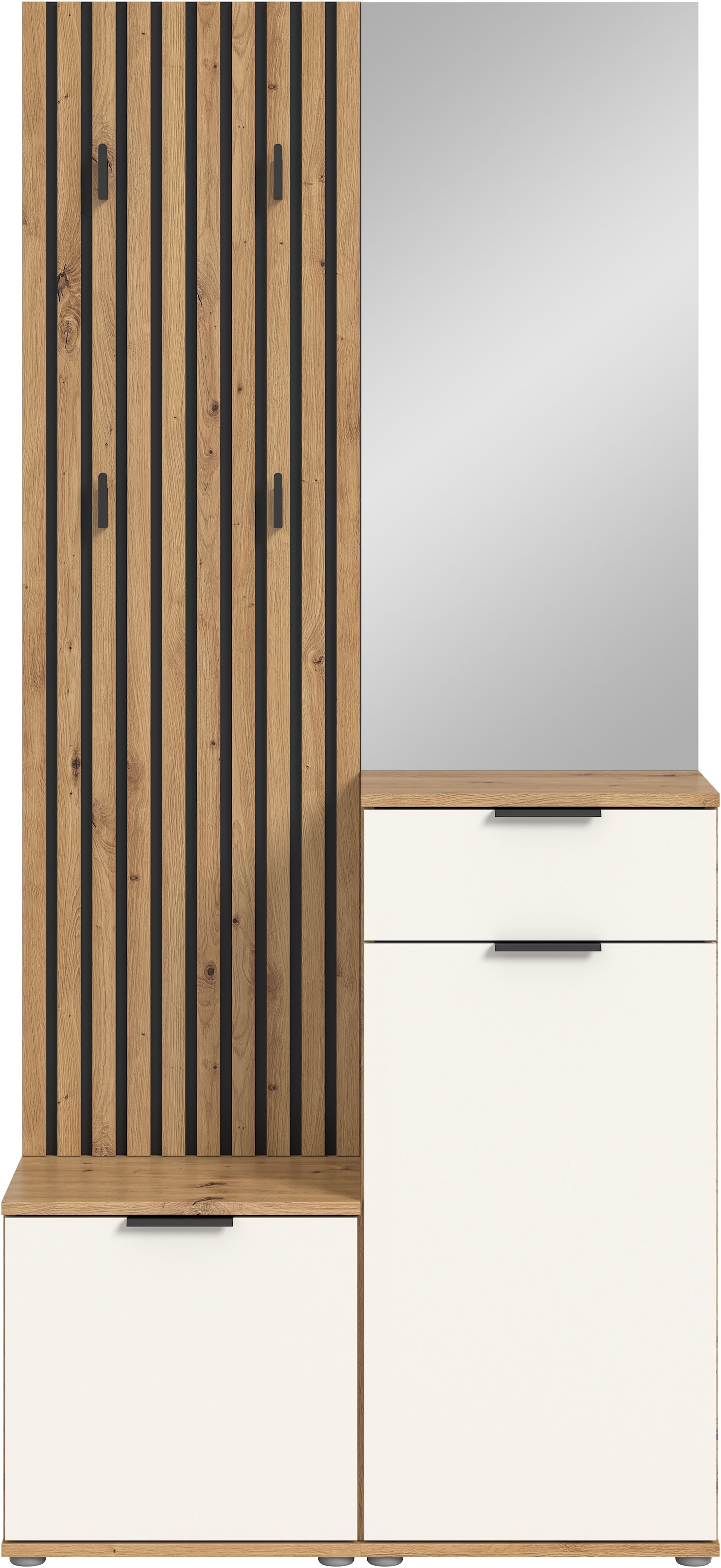 HBZ Kompaktgarderobe »Simple mit Spiegel, Flurgarderobe BxHxT 88x195x35 cm«, (4 St.), mit Bank, Paneel, Schuhkommode mit Schubkasten und Spiegel