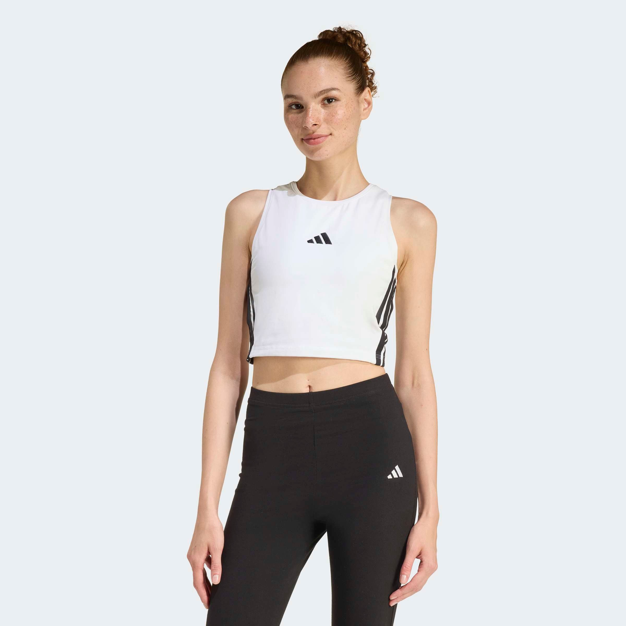 Tanktop ADIDAS SPORTSWEAR "ESSENTIALS 3-STREIFEN GEPOLSTERTES", Gr. XXL, weiß, Obermaterial: 90% Baumwolle, 10% Elasthan, Rundhals, Tops Tanktop