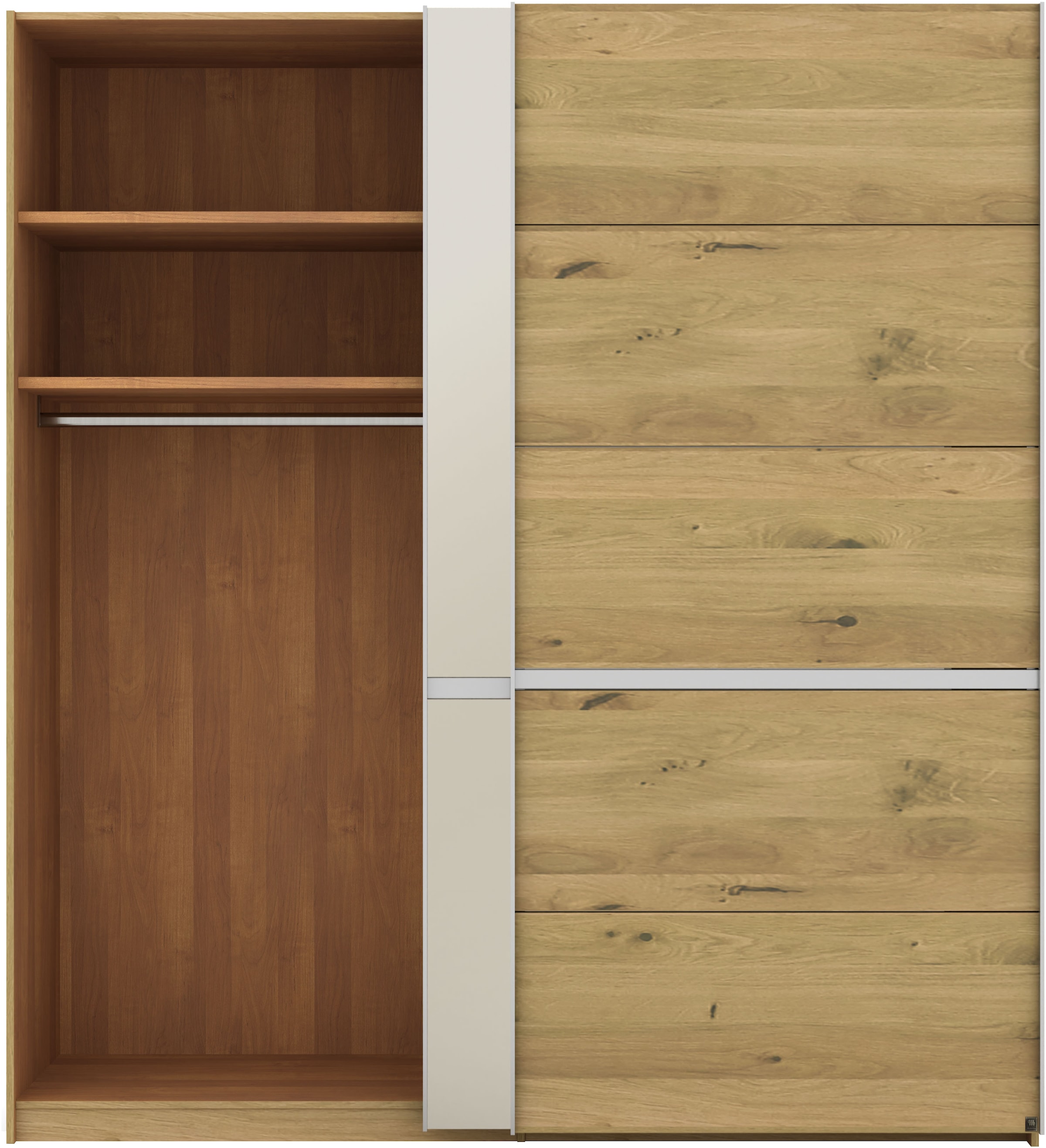 Musterring Schwebetürenschrank »Savona, Kleiderschrank, Schrank, Garderobe, mit Schiebetüren«, (Teilmassiv Bianco-Eiche, mit Spiegel oder Glas, MADE IN GERMANY), Türen Bianco-Eiche massiv, Spiegel-/Glastüren, eingelegte Chromleiste