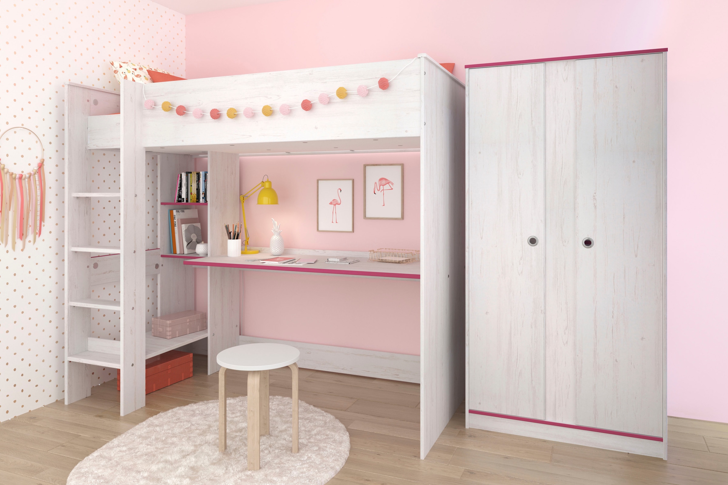 Parisot Jugendzimmer-Set "Smoozy", (Set, 2 tlg., Hochbett mit integr. Schreibtisch und Kleiderschrank)