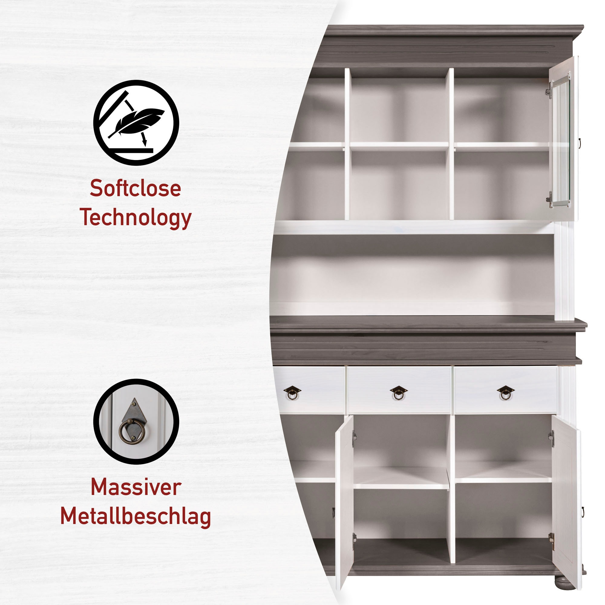 Inter Link Buffet »Halmaro, Kiefer Massivholz, Weiss/Grau-Lava, 141 x 46,30 x 213 cm« 1 Stk. tlg. Vitrine im Laudhausstil, Küchenschrank mit Glastüren, viel Stauraum
