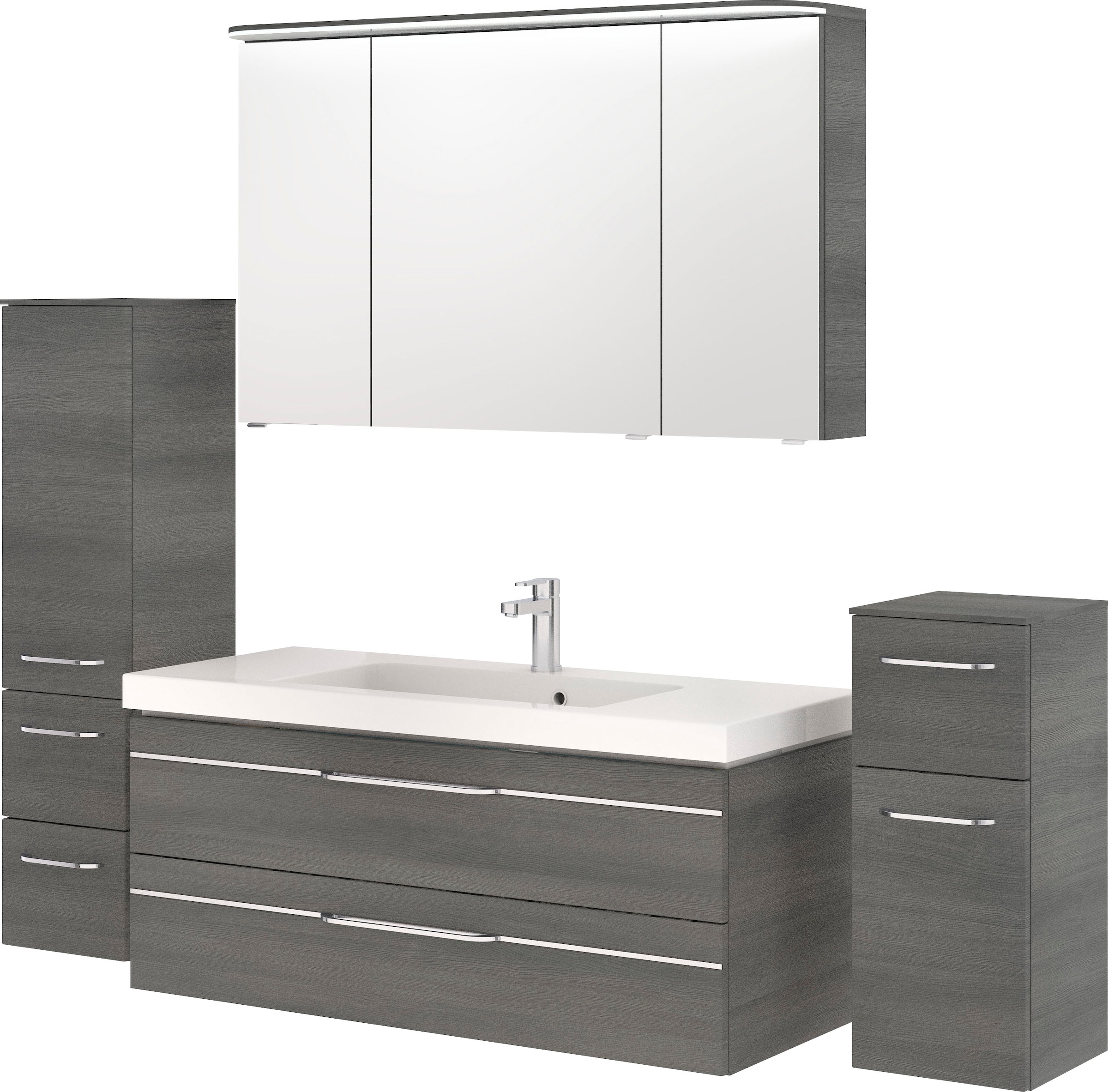 Saphir Badmöbel-Set »Balto Sprint 4-teilig, Mineralmarmor-Waschtisch mit LED-Spiegelschrank«, (5 St.), Unterschrank, Midischrank, inkl. Türdämpfer, 5 Türen, 5 Schubladen