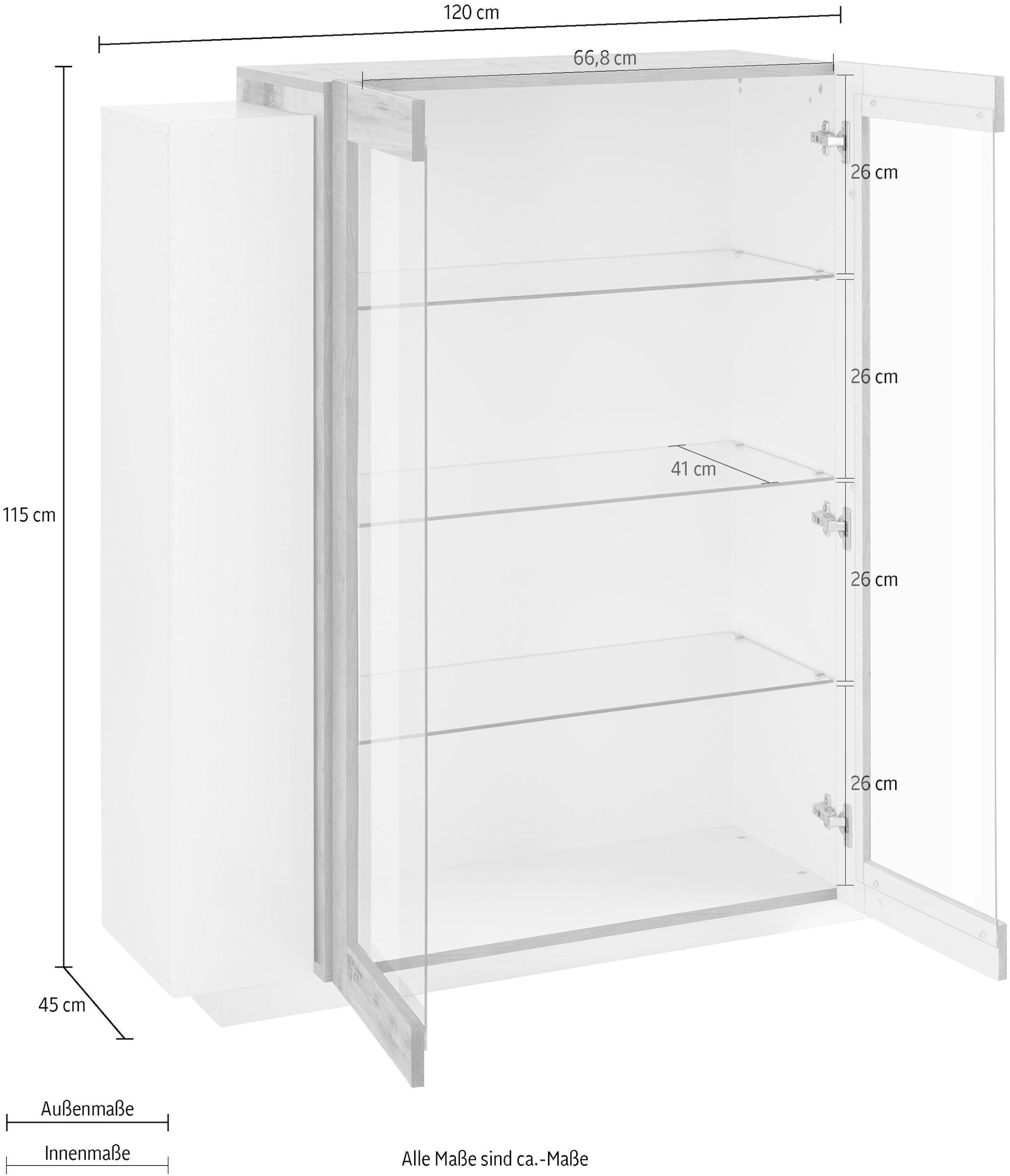 INOSIGN Vitrine »Coro, Vitrine, Glasvitrine, Vitrinenschrank, Stauraumvitrine«, 2 Glastüren, 2 Holztüren, Doppeltiefe, Hochglanz Fronten, Höhe 126