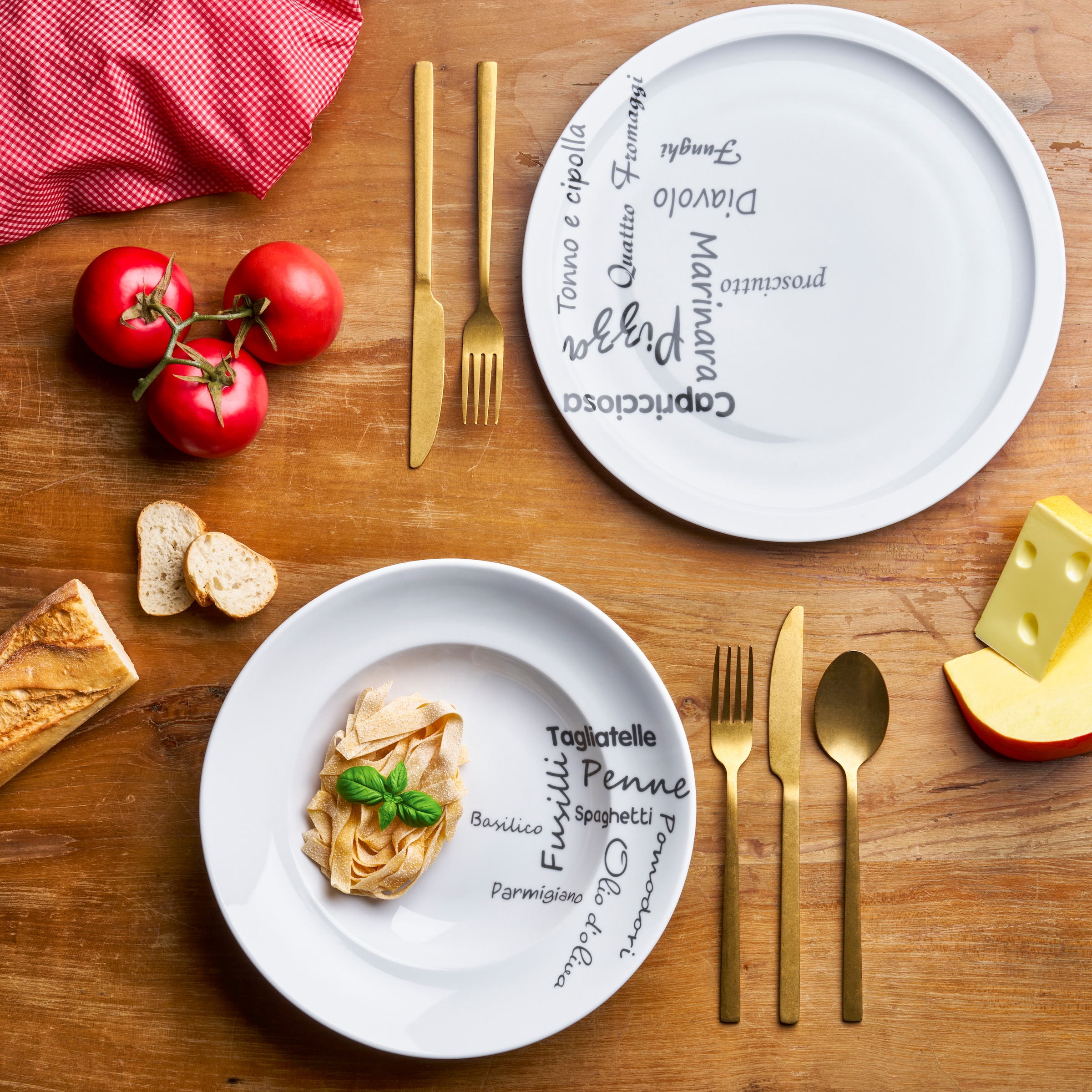 van Well Pizzateller »Teller Set, Italia, Teller 30 cm, 6 Stück« Porzellan, Typografie-Design, spülmaschinen-/mikrowellengeeignet