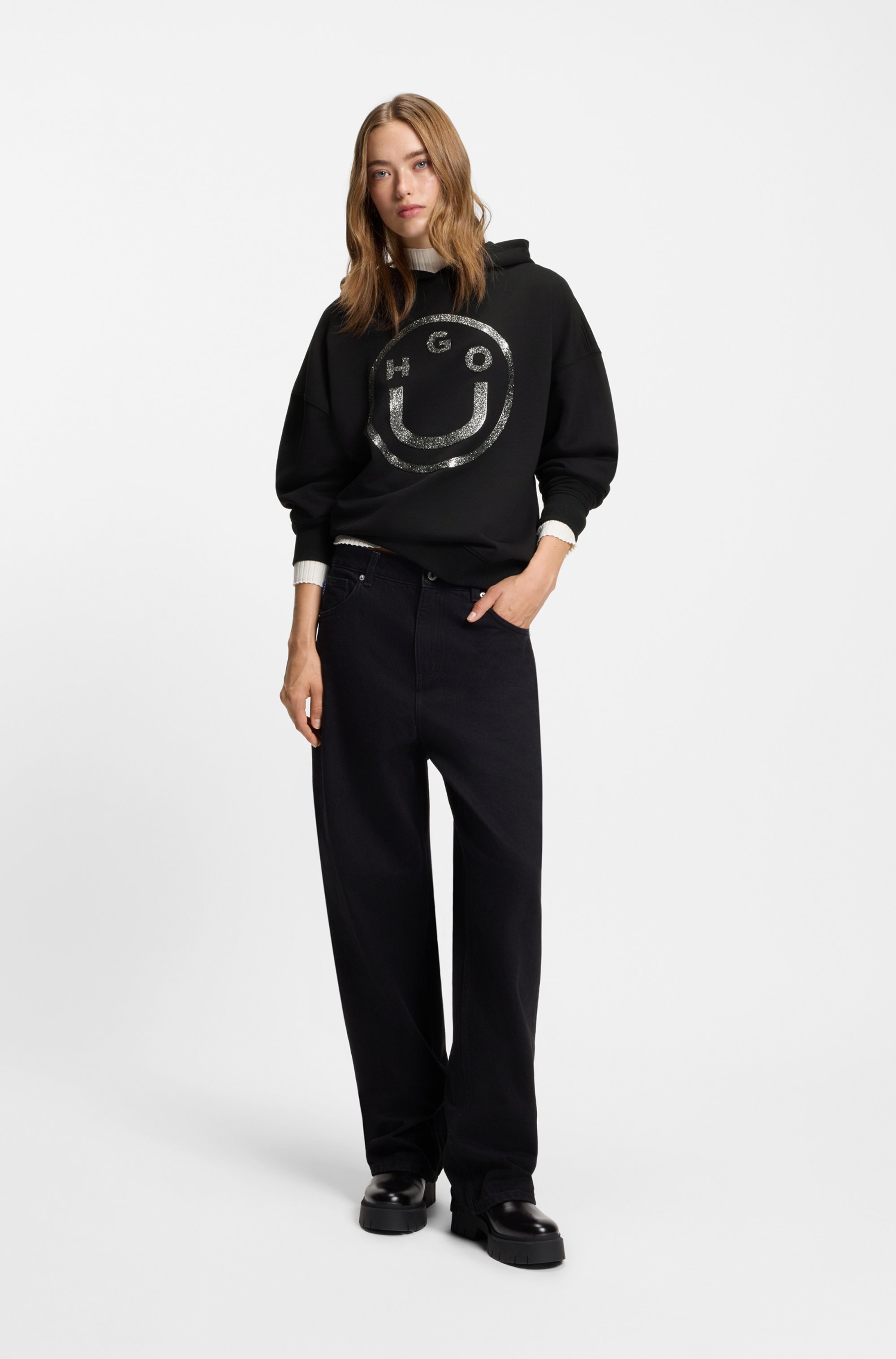 Thumbnail - HUGO Blue Hoodie "Dolasa" Relaxed Fit, mit glänzendem Frontprint