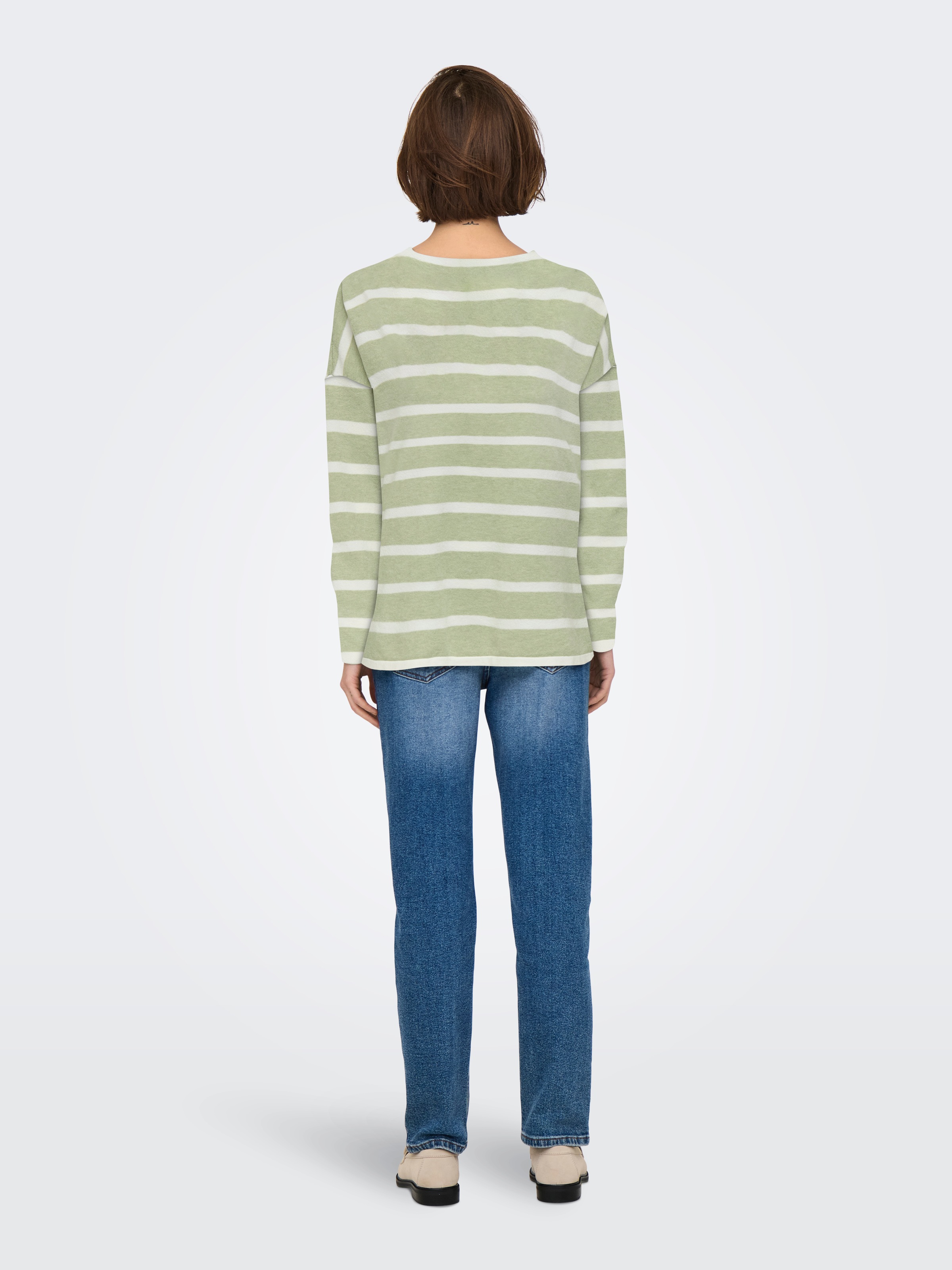 Strickpullover ONLY "ONLAMALIO LIFE LS V-NECK KNT", Damen, Gr. M, desert sage stripes:mel, cloud dancer, Strick, Obermaterial: 100% Polyester, gestreift, oversize, V-Ausschnitt, Pullover Strickpullover 3