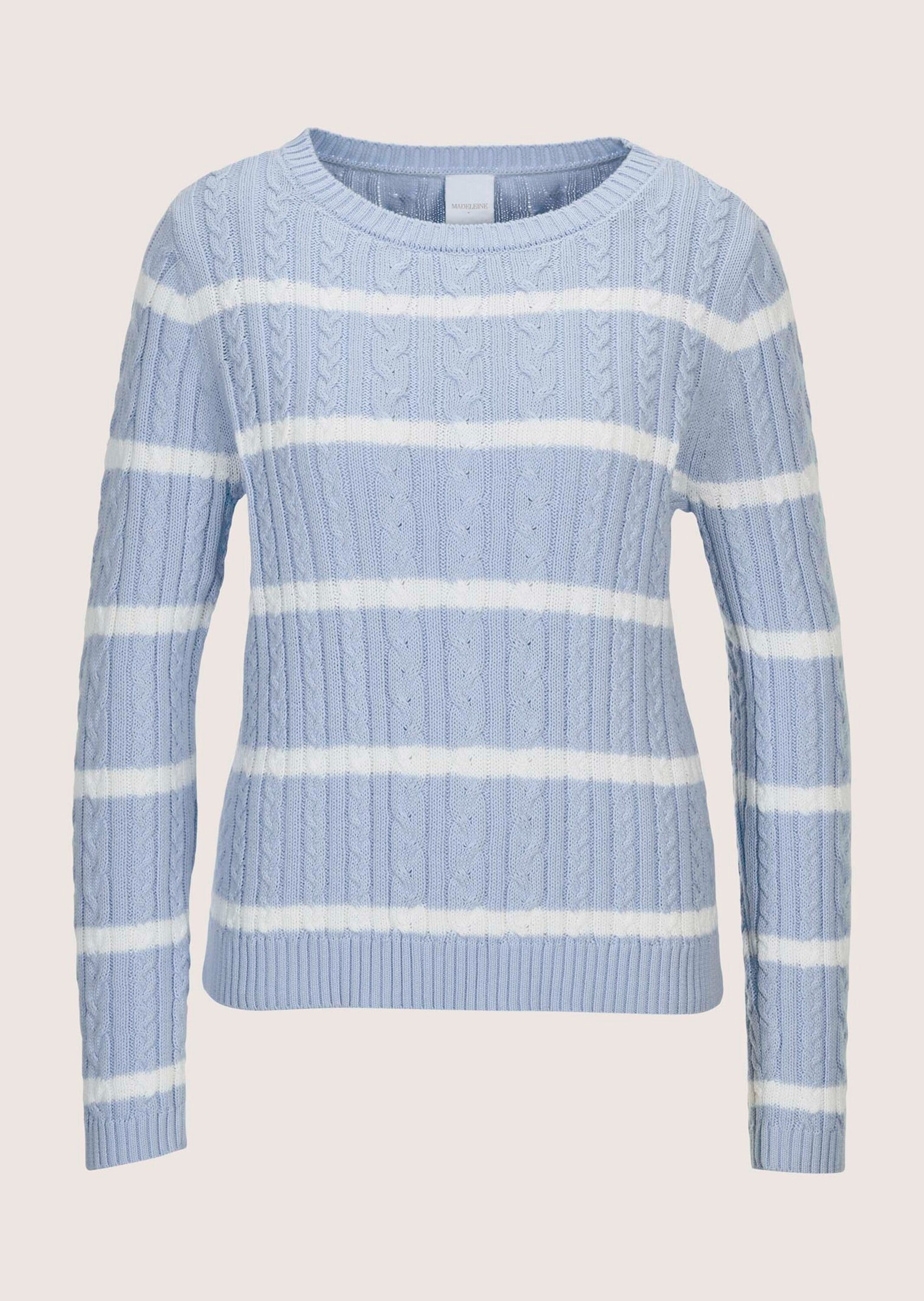 Longpullover MADELEINE "Strickpullover Moderner Baumwollpullover mit Zopfmuster und Ringel-Design", Damen, Gr. 36/38, weiß (bleu, wollweiß), Obermaterial: 100% Baumwolle CO., Modern, Pullover Longpullover, Kontraststreifen