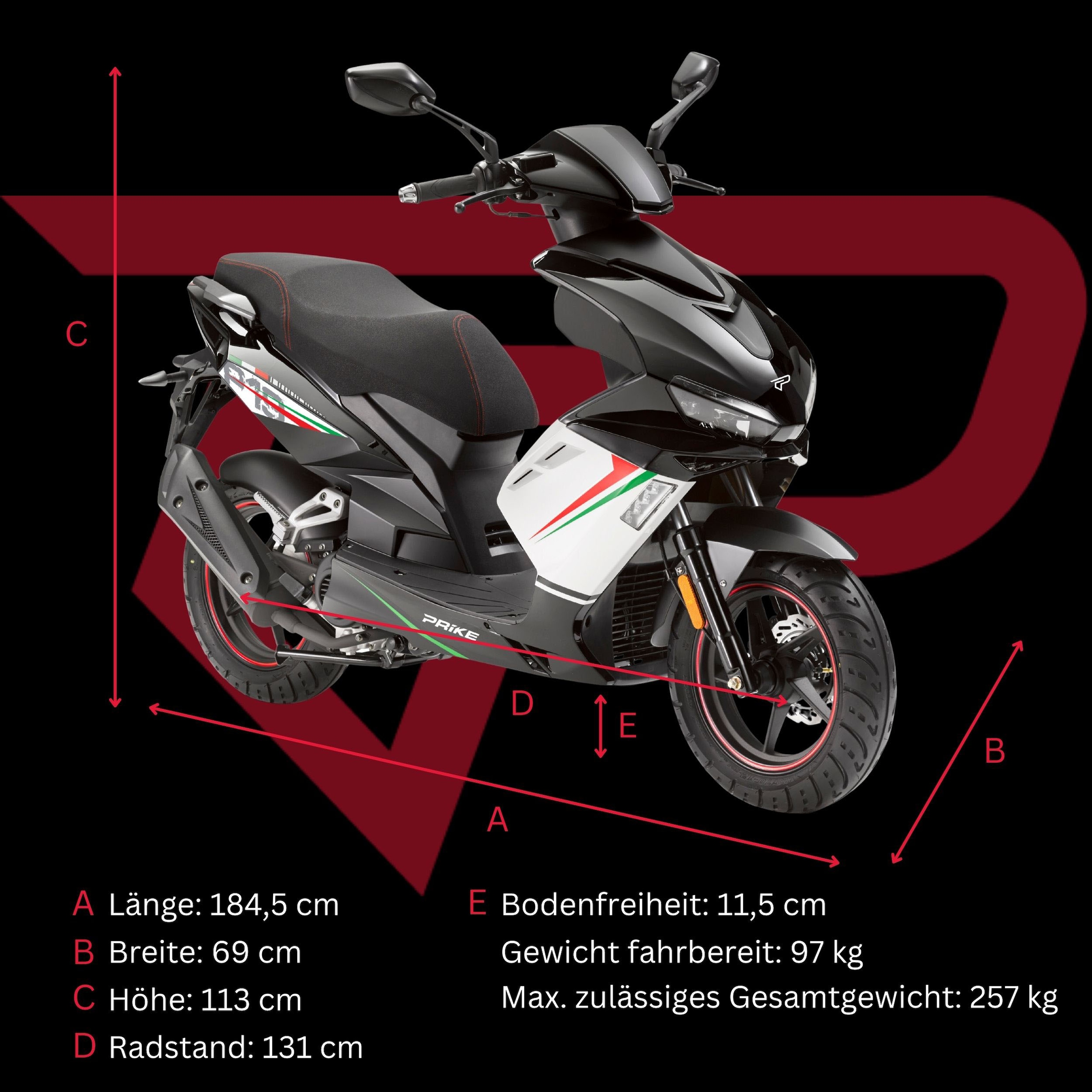 PRIKE Motorroller »PRIKE P19 50 Sport, E5 (45km/h)« 50 cm³ 45 km/h Euro 5 3,1 Kraftstoffeinspritzung (EFI), 12" Bereifung, LED Beleuchtung, 3,1 PS