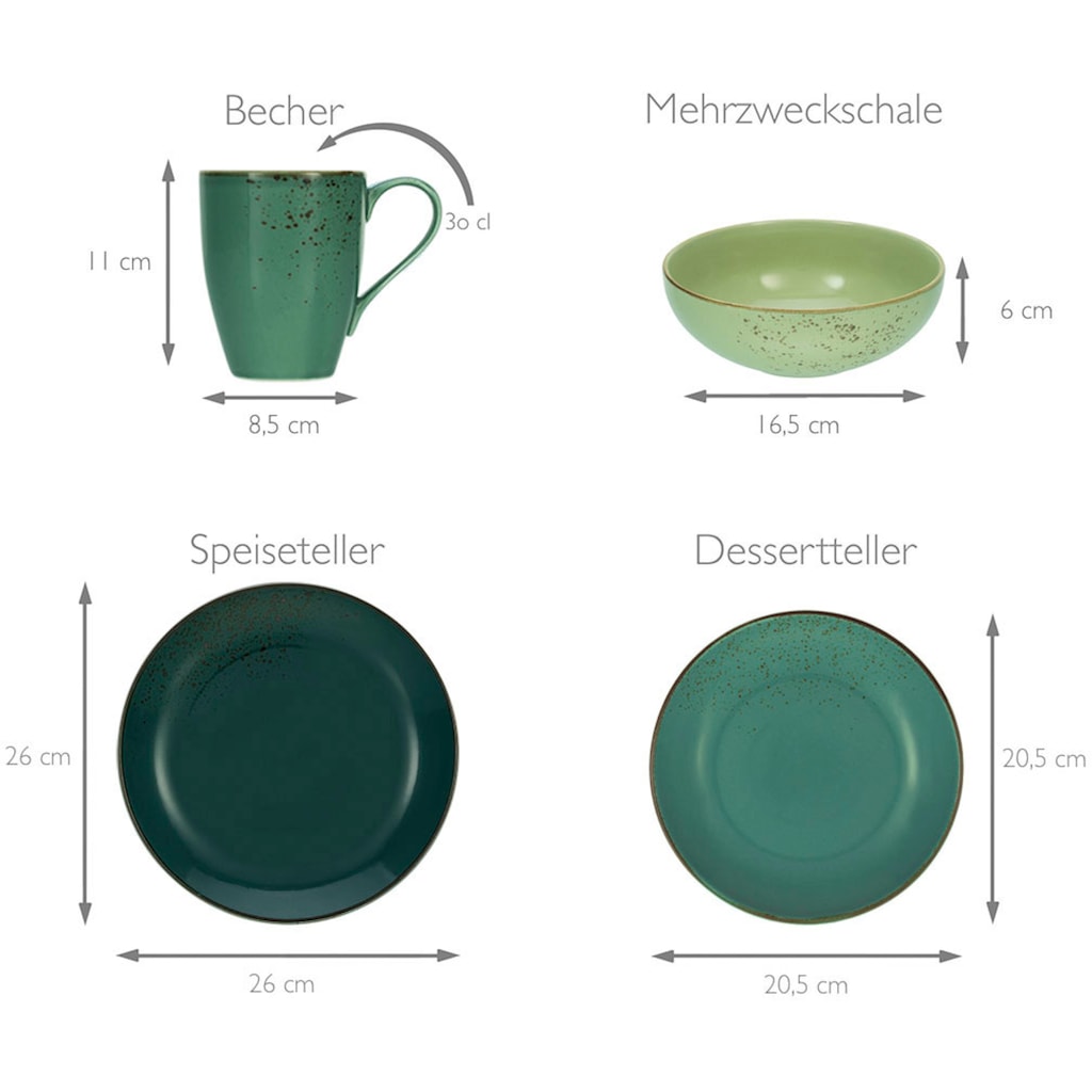 CreaTable Kombiservice »Geschirr-Set NATURE COLLECTION«, (Set, 16 tlg., Kaffeeservice und Tafelservice im Set, für 4 Personen), Service, Handwerklicher Look, 16 Teile, für 4 Personen