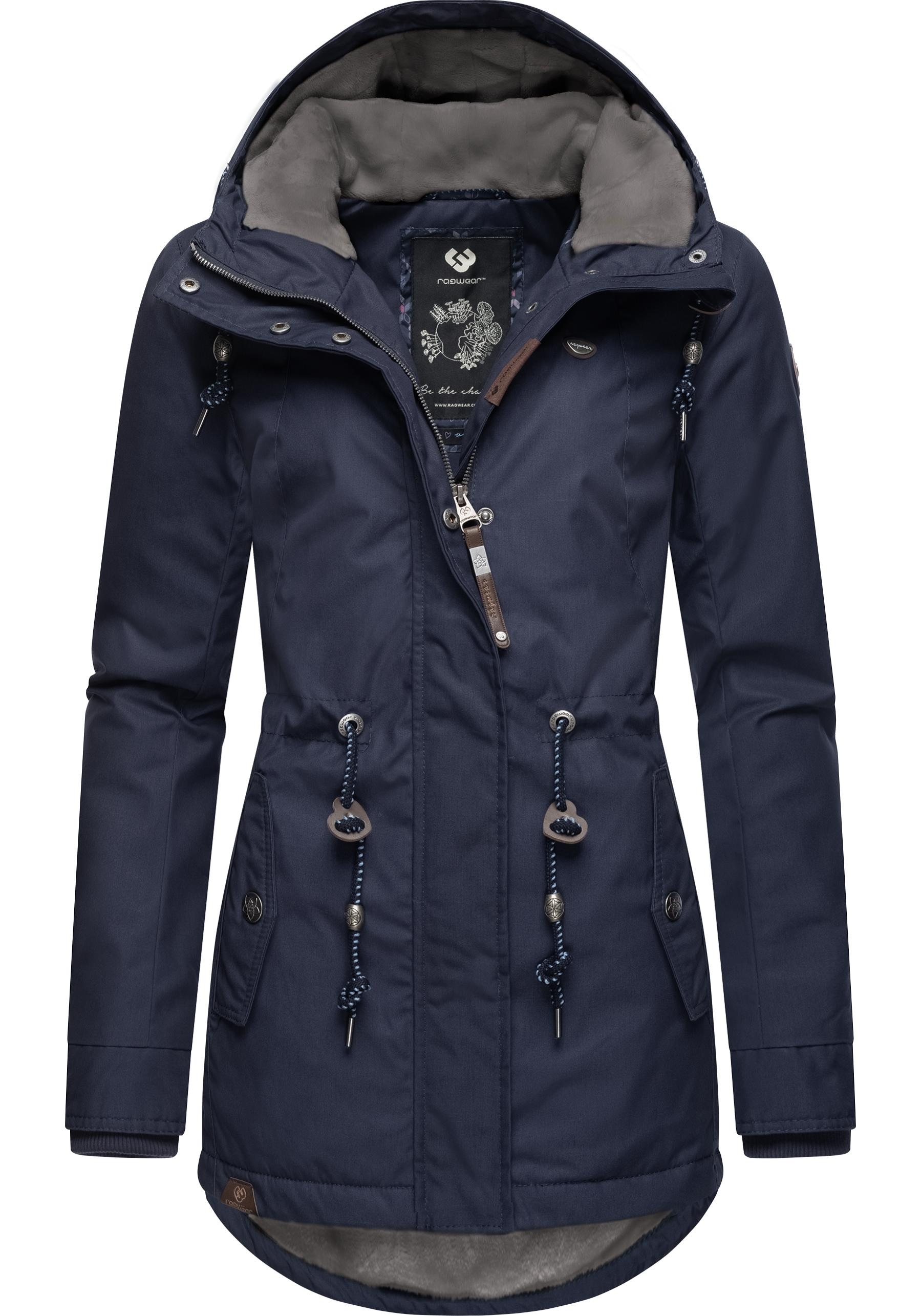 Winterparka stylischer Black kaufen Winterjacke »Monadis kalte BAUR Ragwear für Label«, die mit Jahreszeit Kapuze, | für