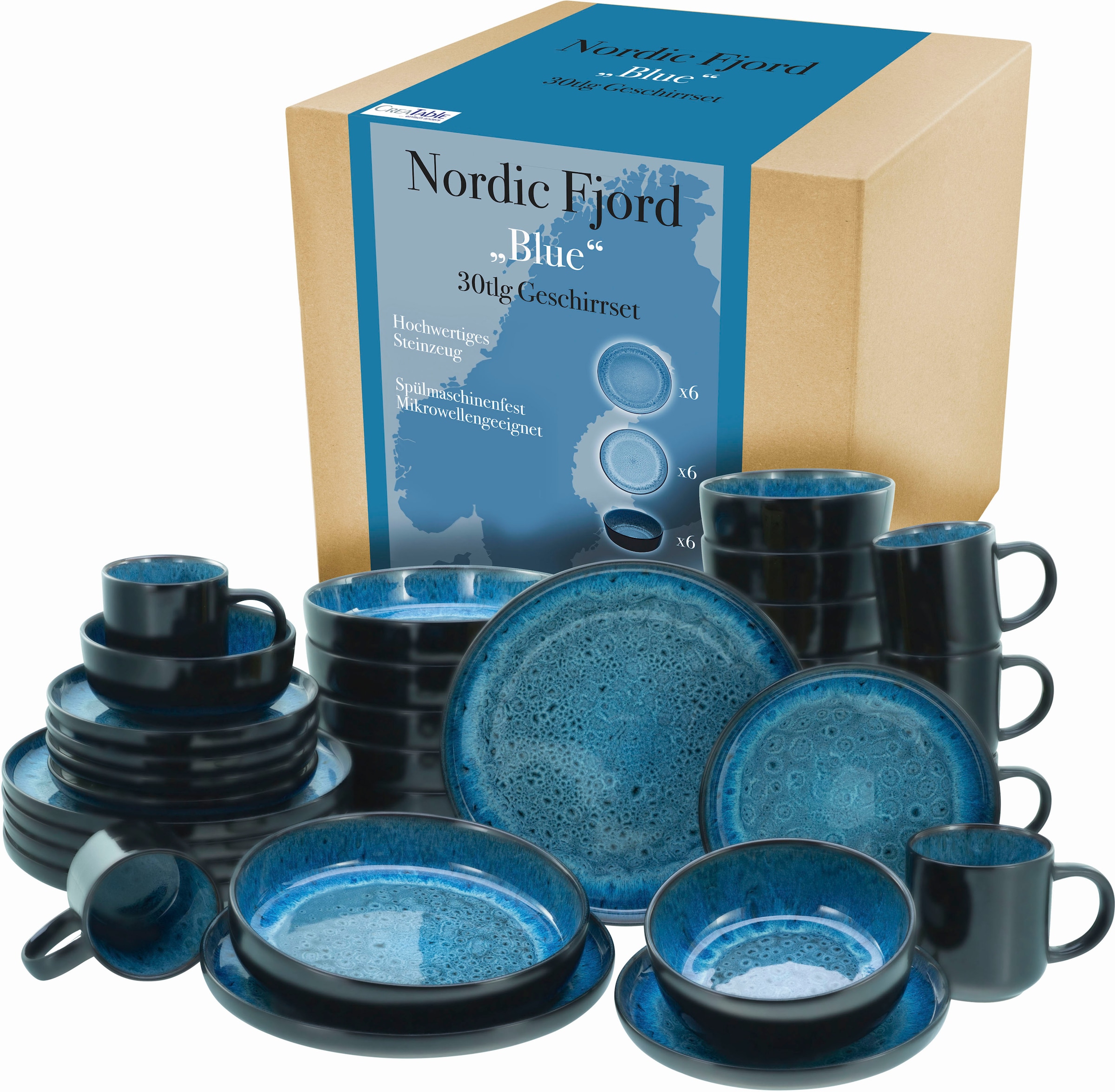 CreaTable Kombiservice "Nordic Fjord", (Set, 30 tlg.), je 6 Speiseteller, Suppenteller, Dessertteller, Schalen, Kaffeebe