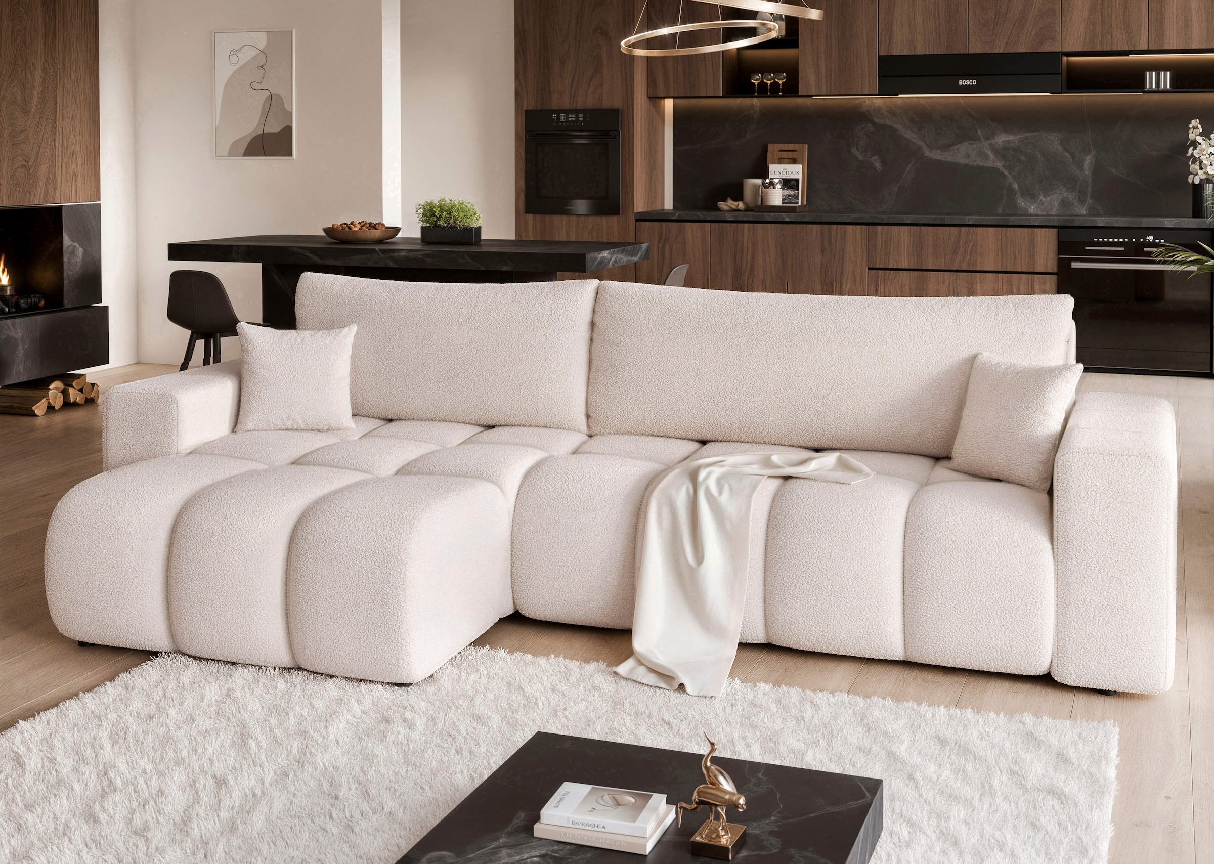 WERK2 Ecksofa »Ofi XL L-Form Sofa in Bubble-Optik mit Schlaffunktion und Bettkasten« Trendstoff Bouclé – Ottomane beidseitig montierbar, inkl. 2 Zierkissen