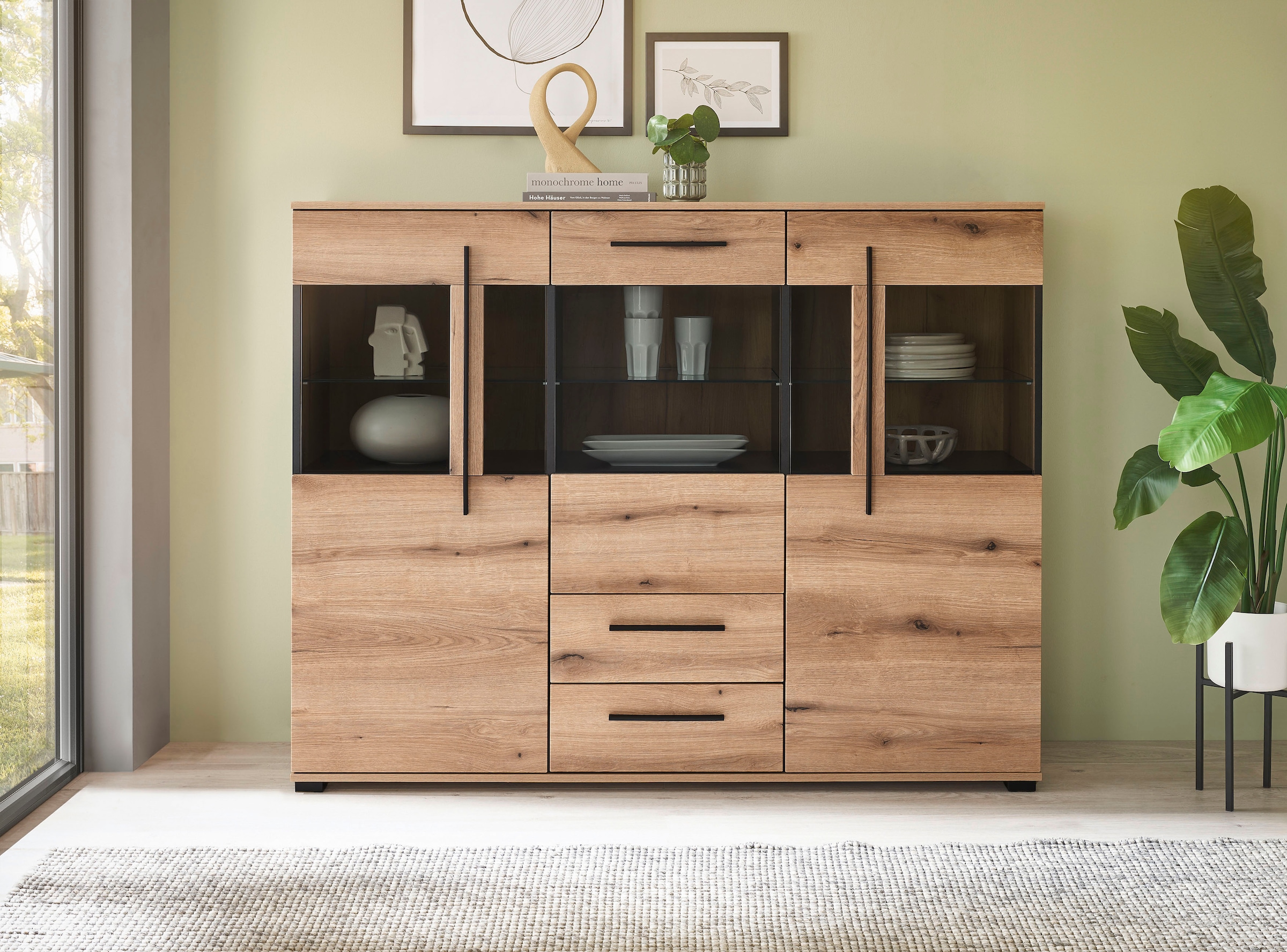 INOSIGN Highboard »Cantara, moderner Schrank, Vitrine in Eiche Dekor oder weiß«, schwarze Stangengriffe, ausreichend Stauraum, vielseitig einsetzbar
