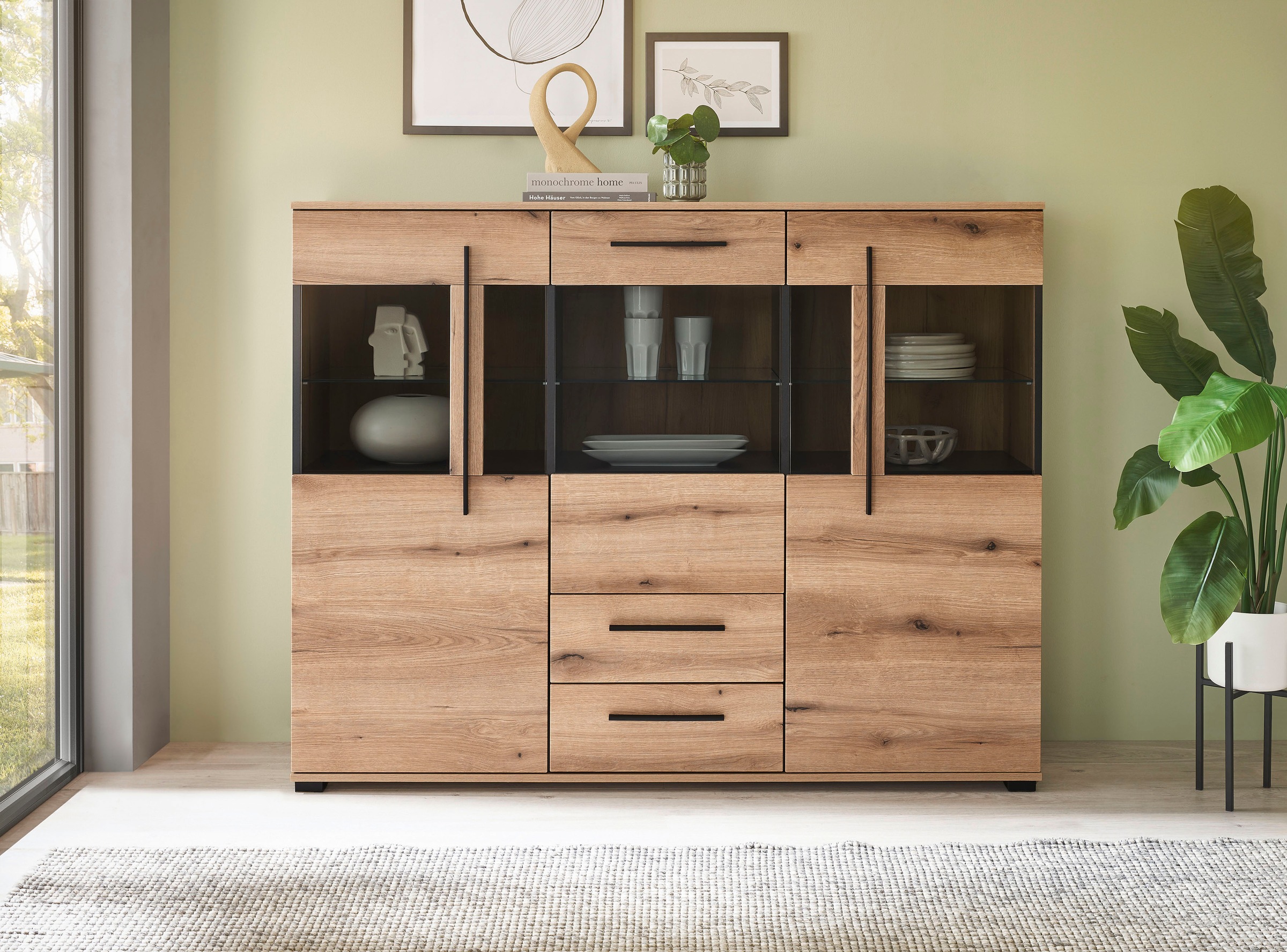 Thumbnail - INOSIGN Highboard "Cantara, moderner Schrank, Vitrine in Eiche Dekor oder weiß" schwarze Stangengriffe, ausreichend Stau...