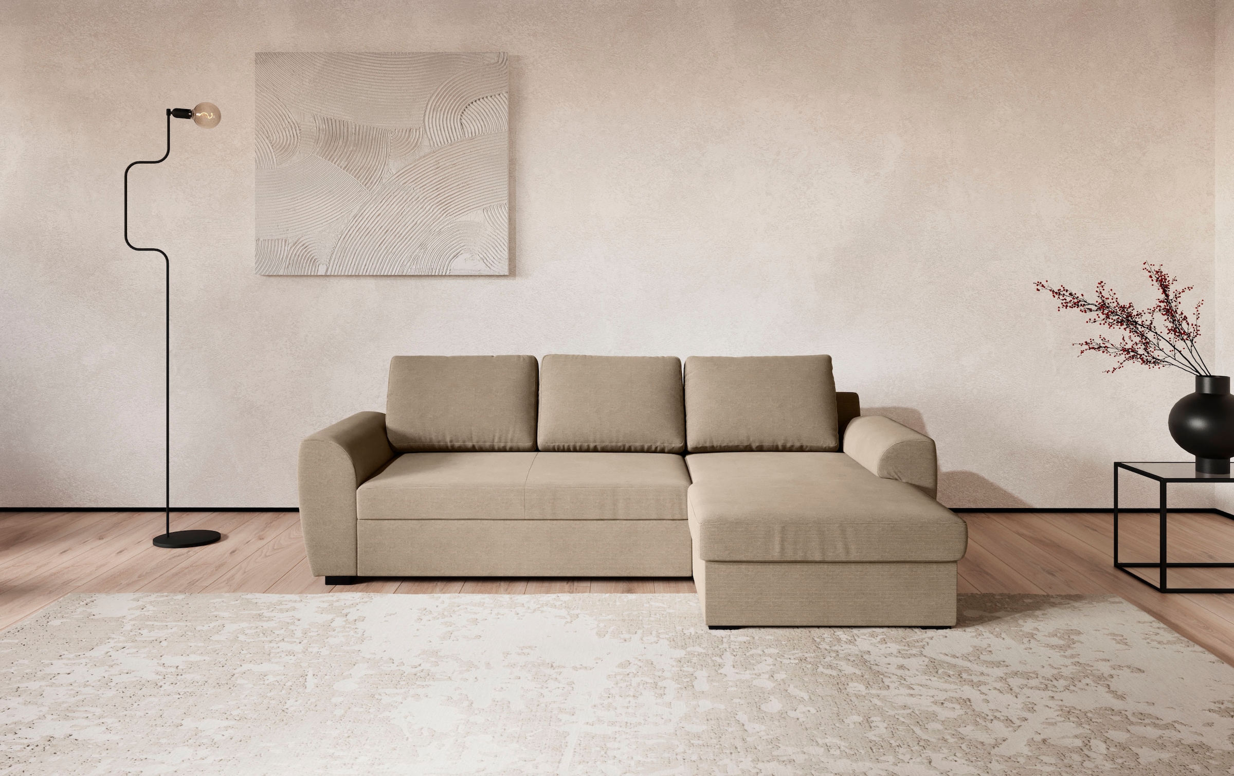 COTTA Ecksofa "Drift L-Form mit Recamiere, B: 253 cm" optional auch mit Schlaffunktion, Wellenunterfederung