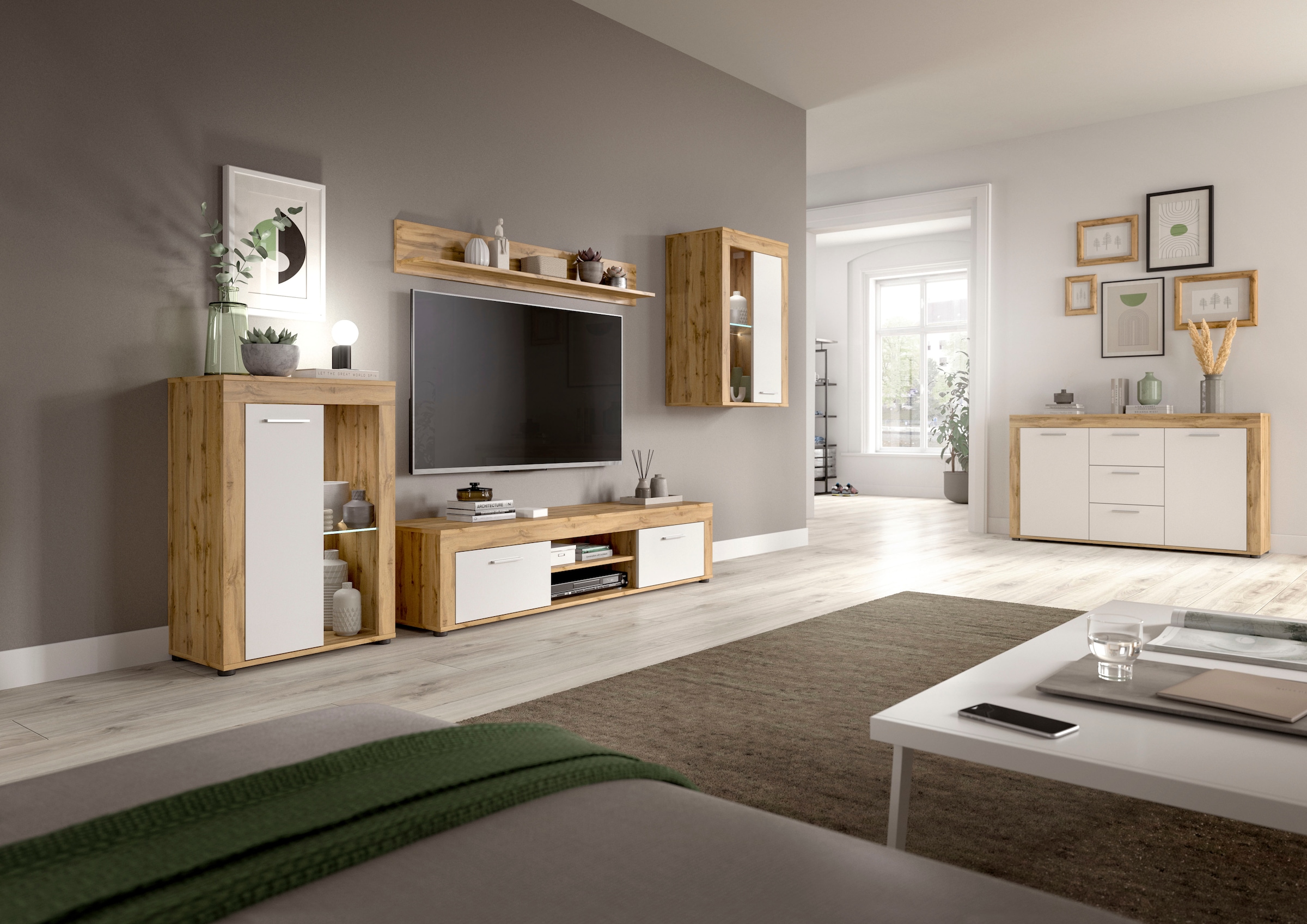 INOSIGN Wohnwand »Aosta, 4-tlg., best. aus: Vitrine, Lowboard, Wandboard & Vitrine hoch«, (4 St.), Wohnwand, Kombination, Anbauwand, Möbel Set, Schrankwand, Möbel Kombi