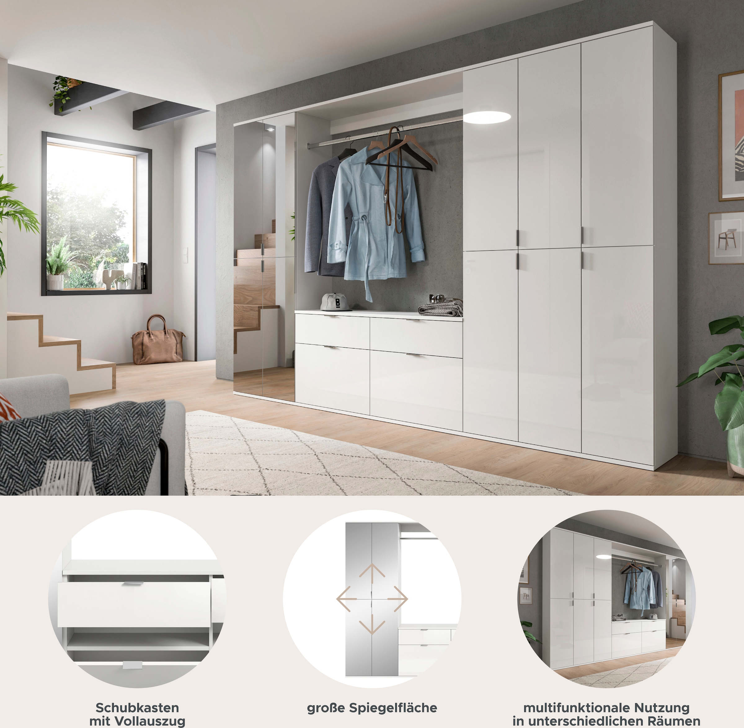 INOSIGN Garderoben-Set »Trondheim, Breite 273 cm, 6-teilig, bestehend aus:«, (Set, 5 St.), 3x Garderobenschrank, 1 Kommode, 1 Garderobenstange, 1 Ablageboden