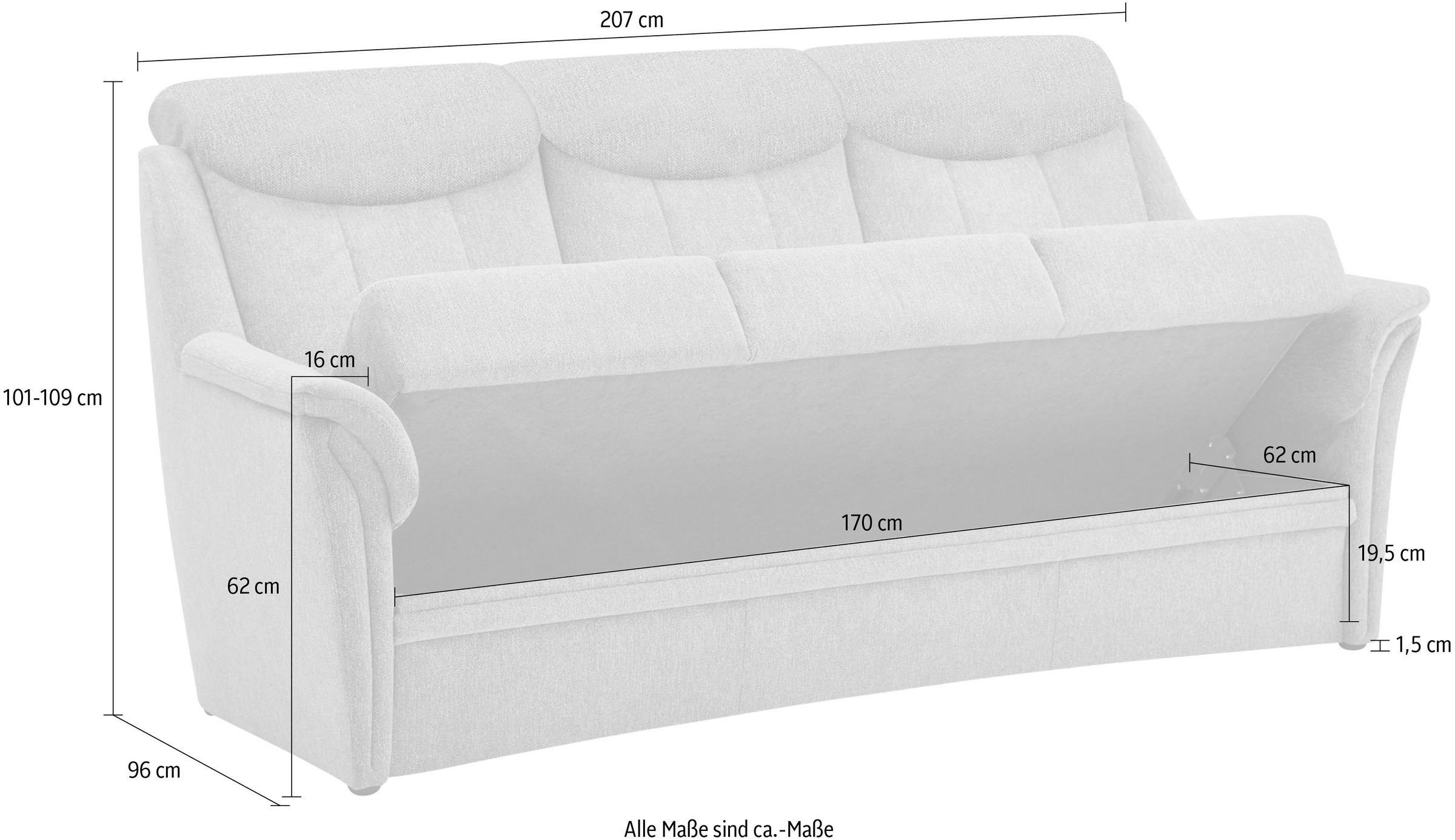 VILLA BECK 3-Sitzer »Lugano«, (1 St.), inklusive Kopfteilverstellung, in Sitzhöhe 46 cm