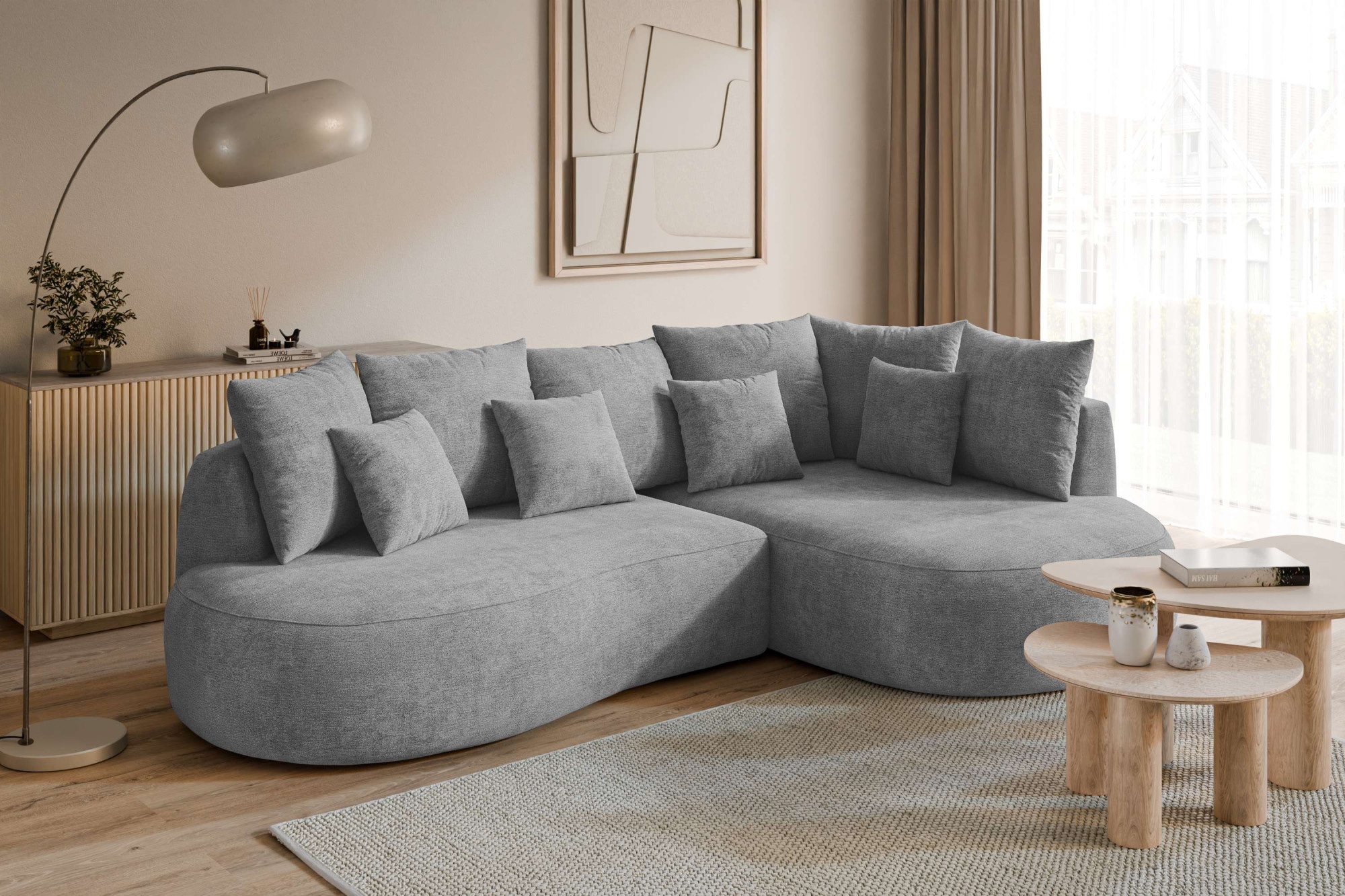 homsy by Ana Johnson Ecksofa "PEBBLA L-Form mit vielen Kissen, modernes Design, Bezug- Struktur" Breite 267 cm, Design-Sofa mit Ottomane recht/links bestellbar