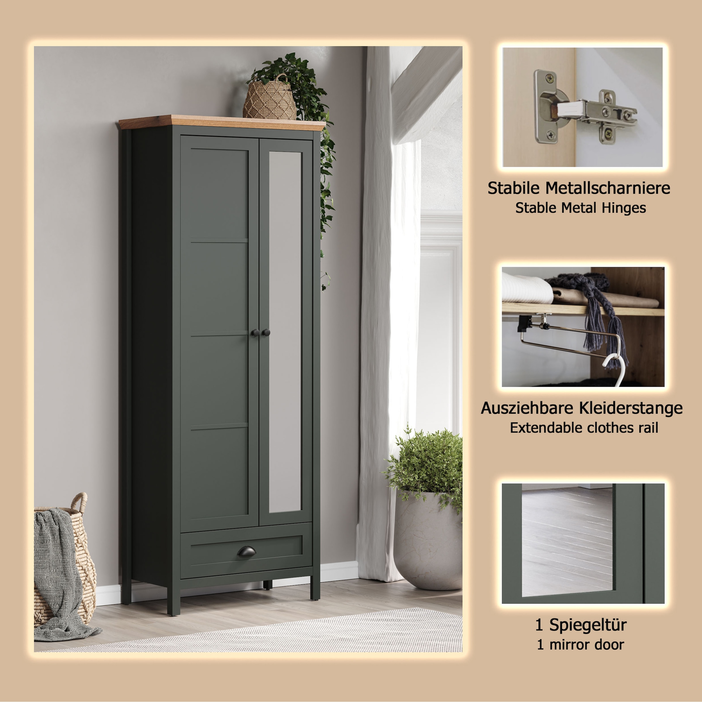 Home affaire Garderobenschrank »Vienna«, (1 St.), Garderobenschrank, 2 Türen, 1 Schubkasten & Vollauszug 77/39/198 cm