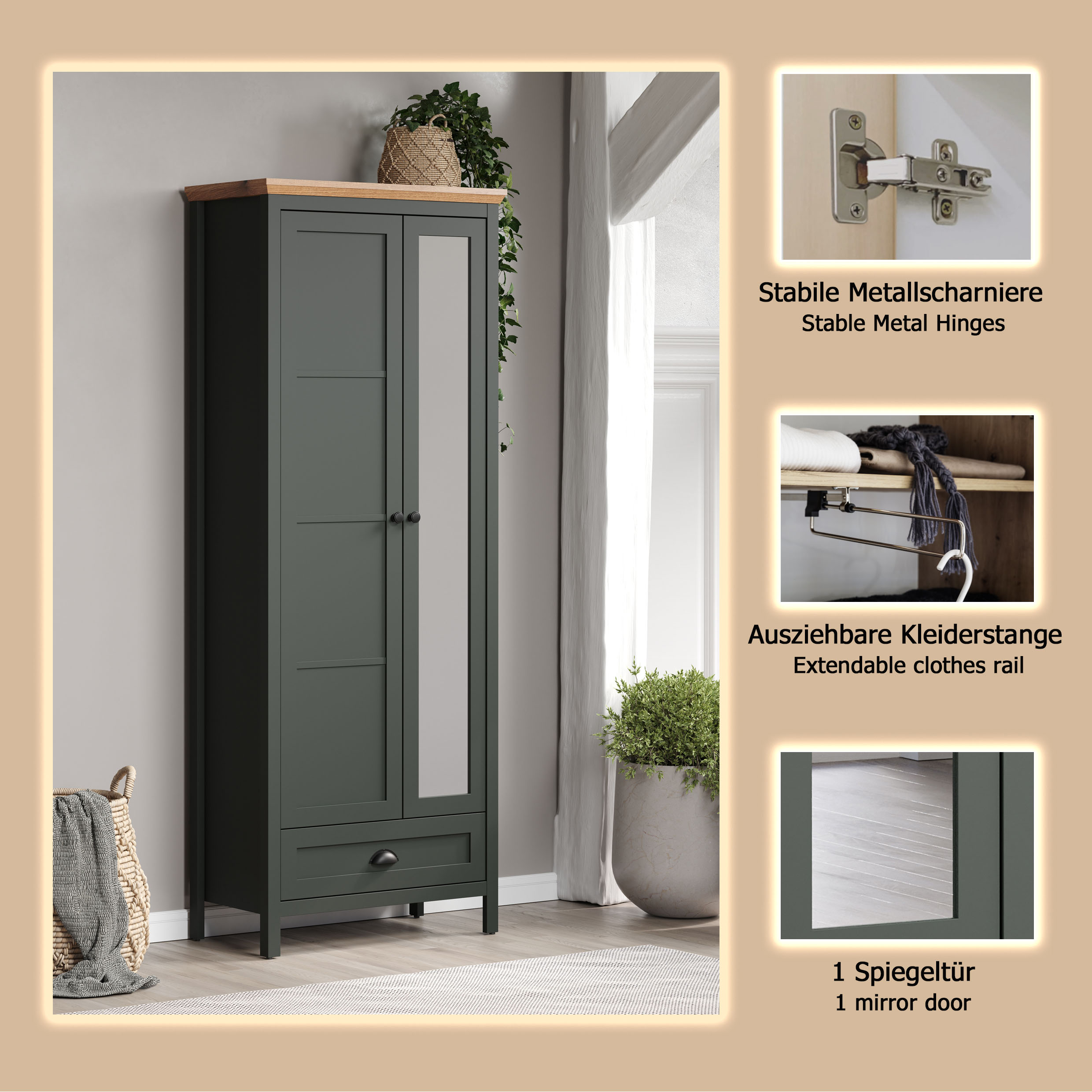 Thumbnail - Home affaire Garderobenschrank "Vienna" 1 Stk. tlg. Garderobenschrank, 2 Türen, 1 Schubkasten & Vollauszug 77/39/198 cm