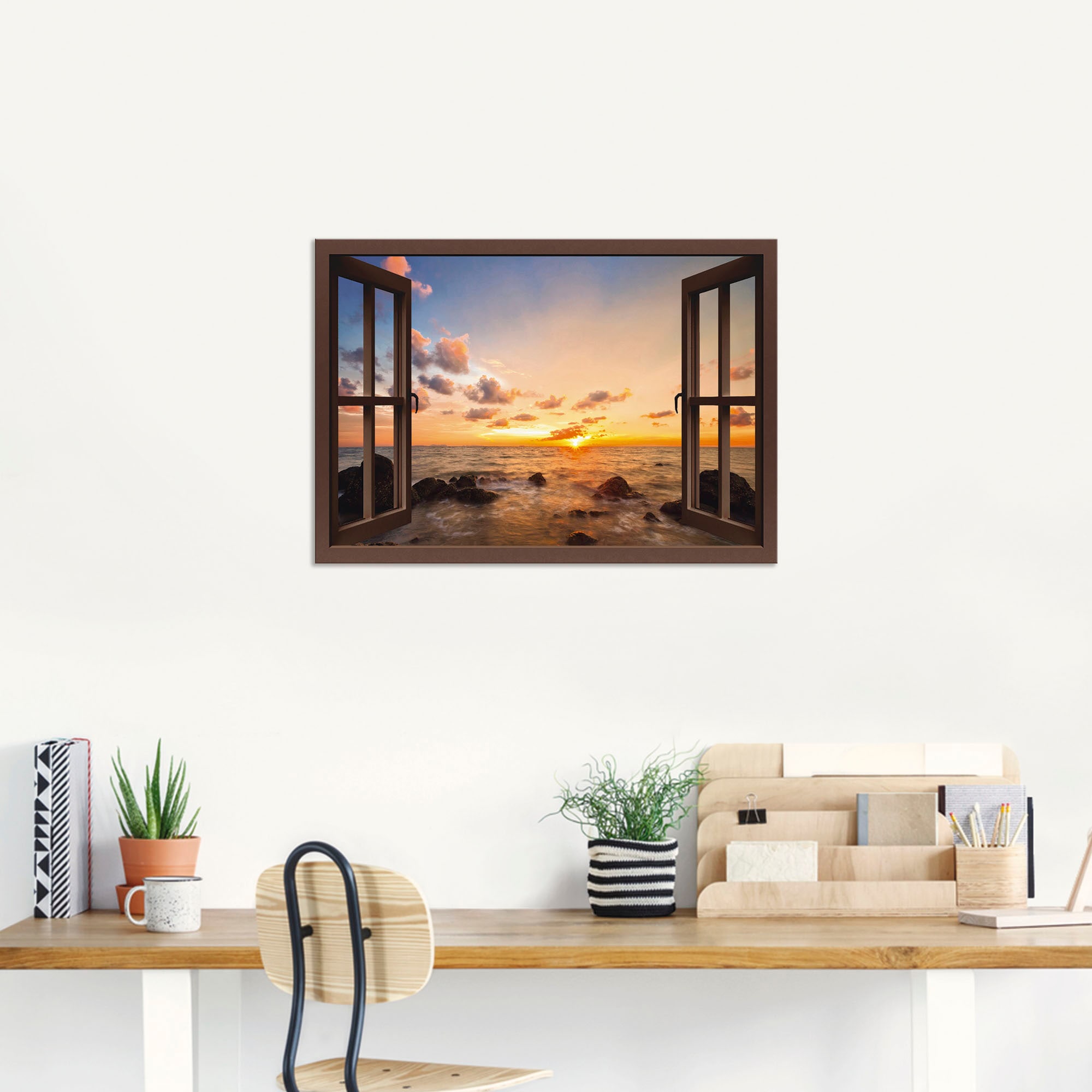 Artland Wandbild "Fensterblick Sonnenuntergang am Meer", Fensterblick, (1 S günstig online kaufen