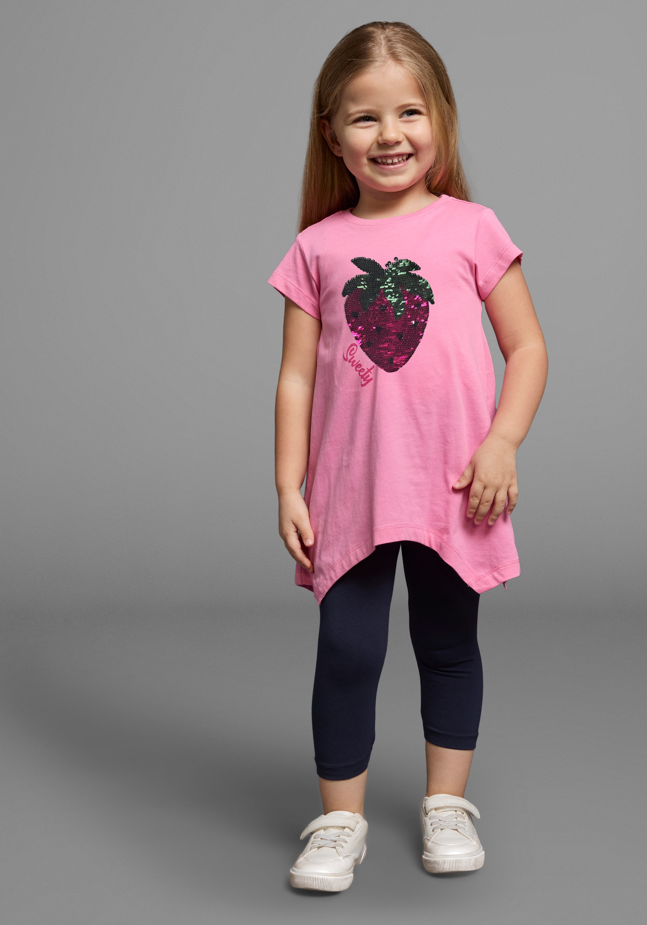 Shirt & Leggings KIDSWORLD "2tlg. Set T-Shirt + Leggings mit Wendepailletten", Mädchen, Gr. 104/110, pink (pink, marine), Jersey, Obermaterial: 100% Baumwolle. Unterteil: 95% Baumwolle, 5% Elasthan, mehrfarbig, KOB Set-Artikel, in 2 Farbvarianten zu trage