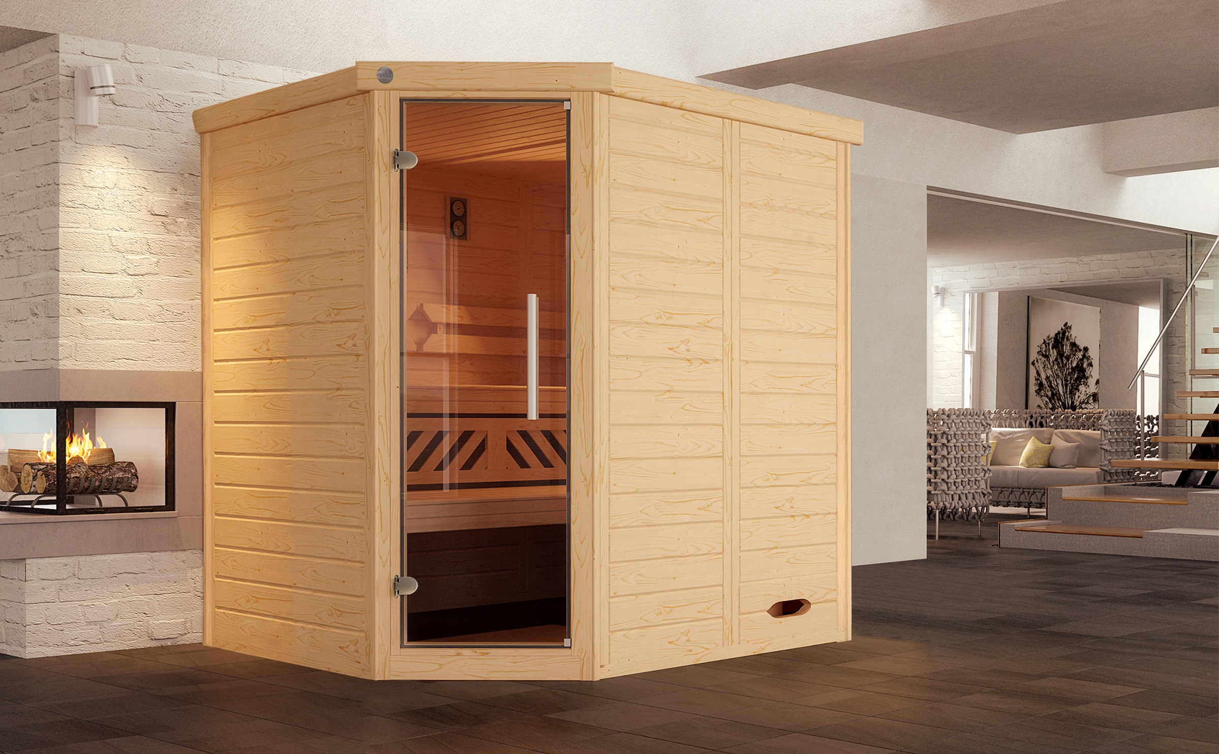 weka Sauna »Design-Sauna KEMI«, Blockbohlen, vorgefertigte Elemente, moderne Ganzglastür