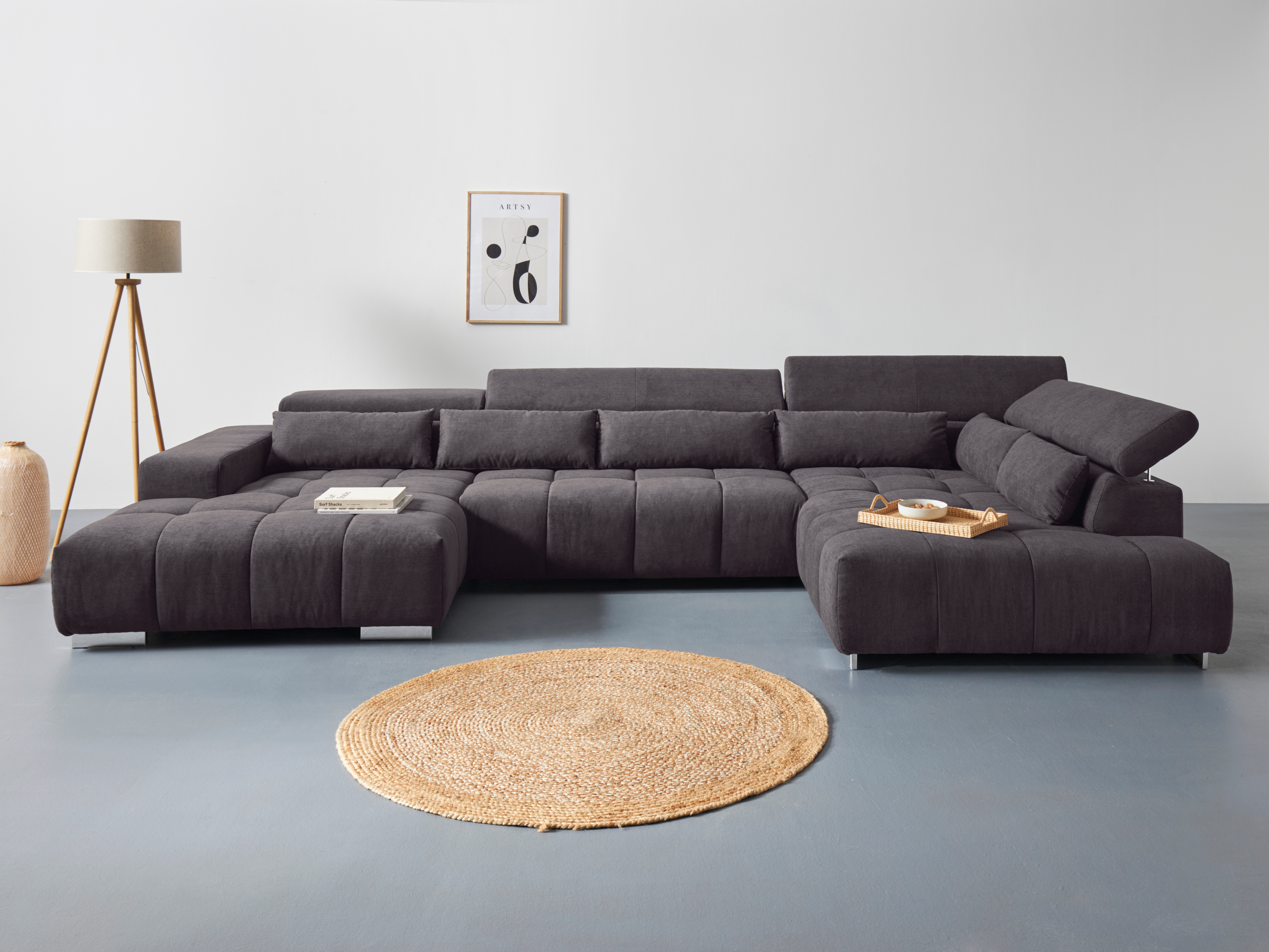 COTTA Wohnlandschaft "Orion U-Form XXL, B: 409 cm, bequeme Wellenunterfederung, top modern" mit Kopfteilverstellung & 6 Nierenkissen
