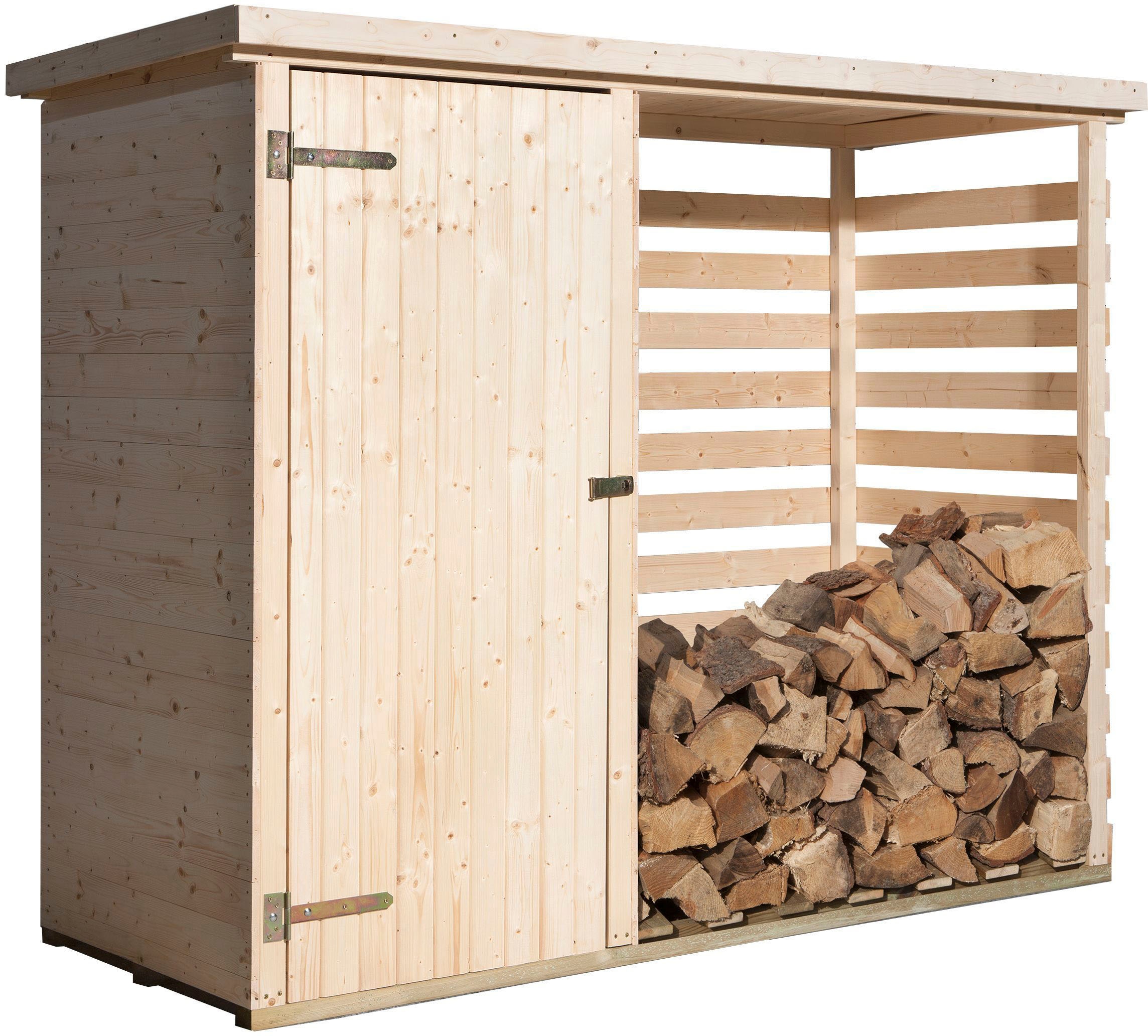 weka Kaminholzregal ""663", Lagerraum für Brennholz mit integriertem Geräteraum" 2,7m³ Lagerplatz, aus naturbelassenem Fichtenholz