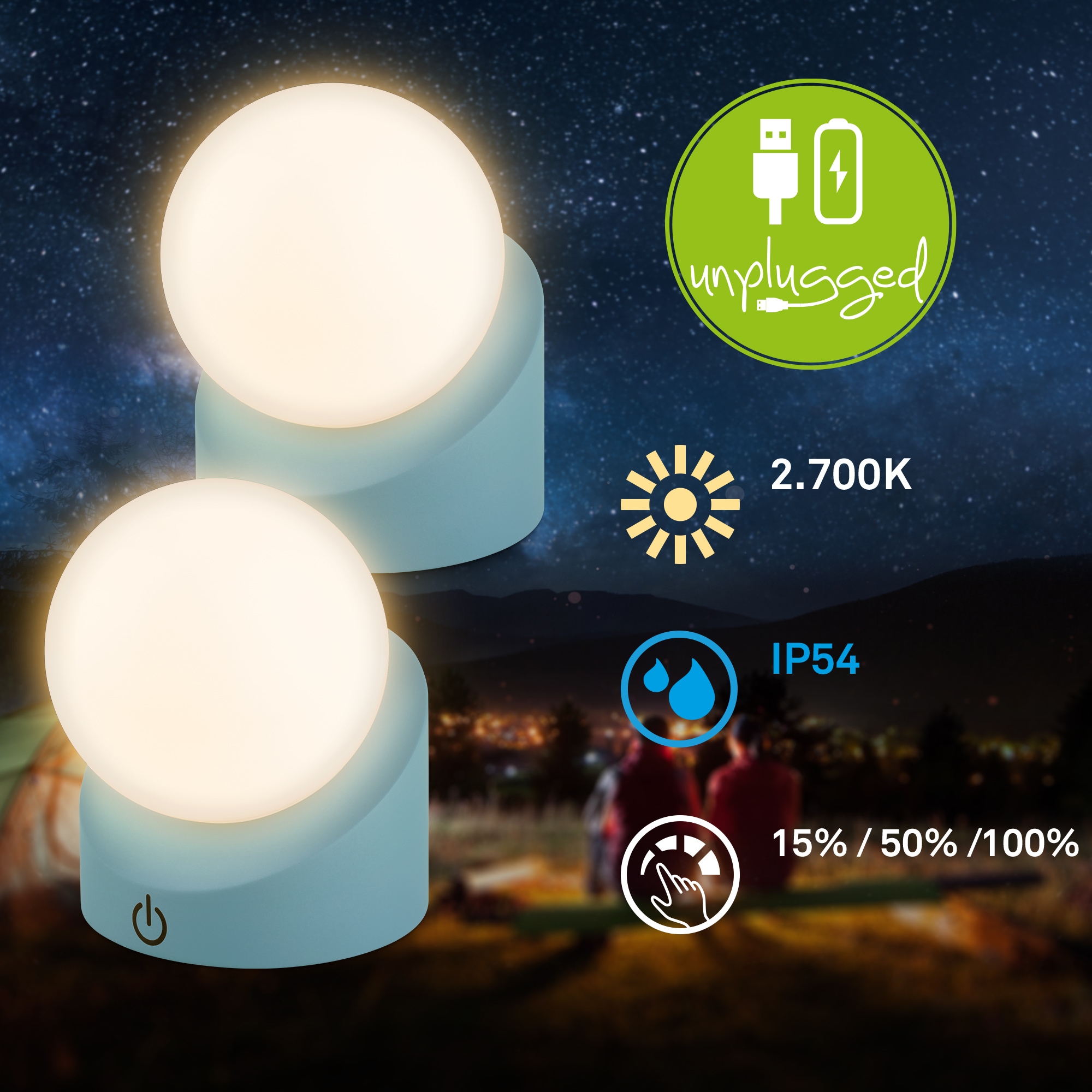 Briloner Leuchten LED Außen-Tischleuchte »SORA« LED-Board 2 Stk. Warmweiß kabellos 10x8x9cm Taubenblau 2W Kinderzimmer Outdoor Außen 2er-Set