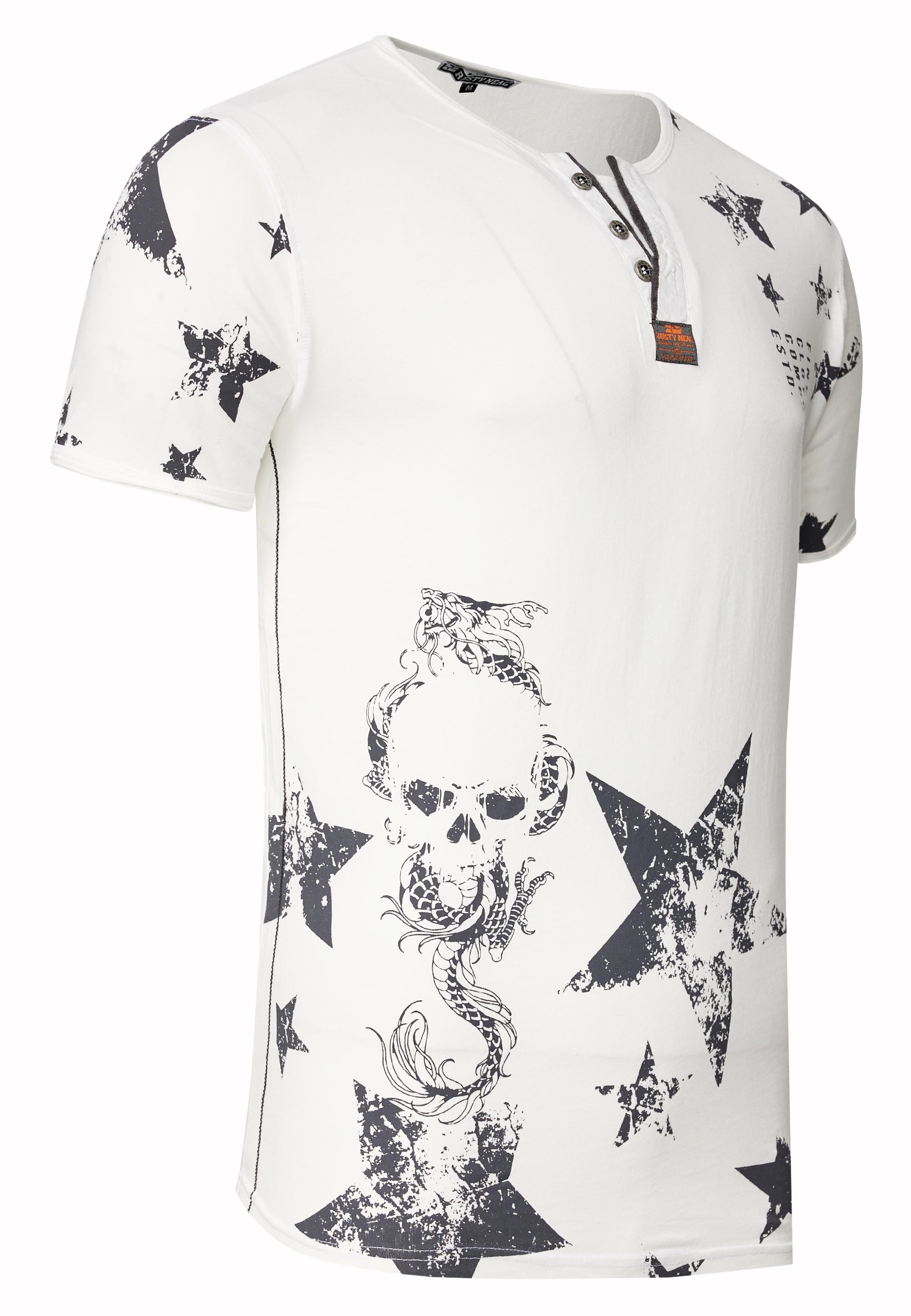 Rusty Neal T-Shirt, mit Skull-Print und Knopleiste