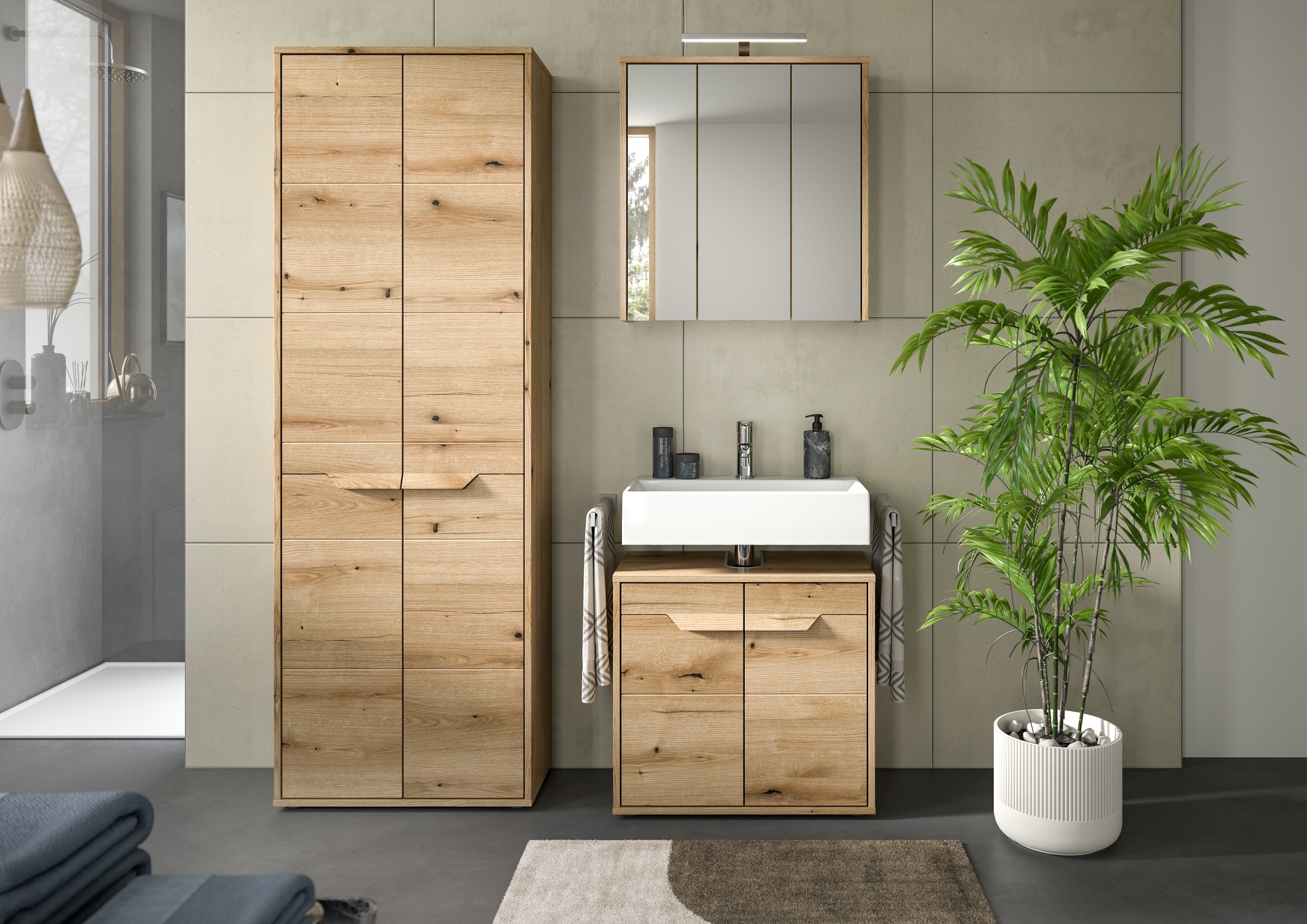 welltime Waschbeckenunterschrank »Kayu, Breite 64 cm, 2 Türen, 1 Einlegeboden«, einzigartiges Griffdesign, Badschrank, Bad-Möbel, Badezimmer, Bad