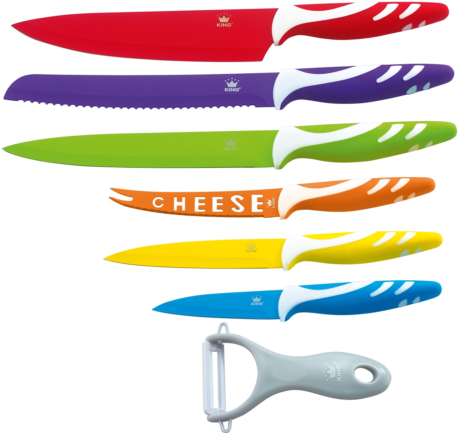 KING Messer-Set »FRUTI«, (Set, 6 tlg., mit Käsemesser-arbenfroher Farbmix), inklusive Schäler und mit speziellem Käsemesser