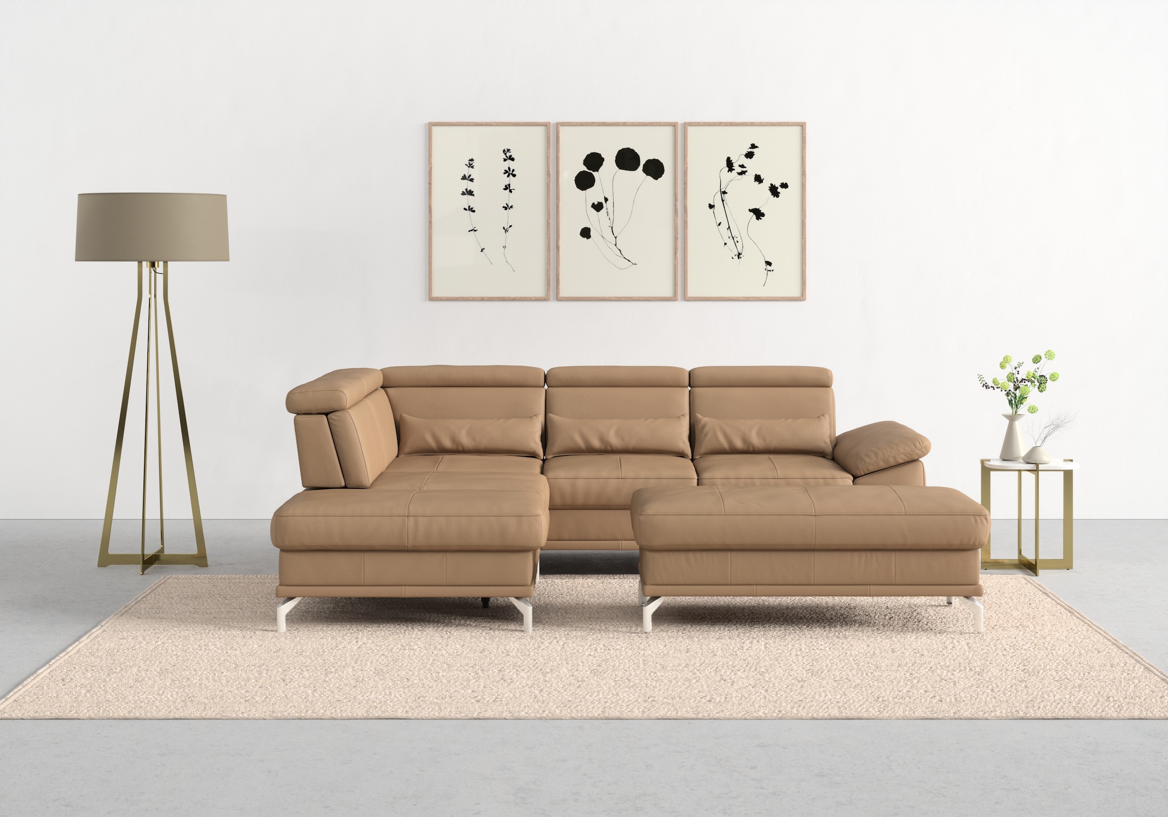 sit&more Ecksofa "Cabrio L-Form, B: 274 cm, mit Sitztiefen-, Arm- & Kopfteilverstellung" 3 Nierenkissen, Federkern, optional Schlaffunktion und Stauraum