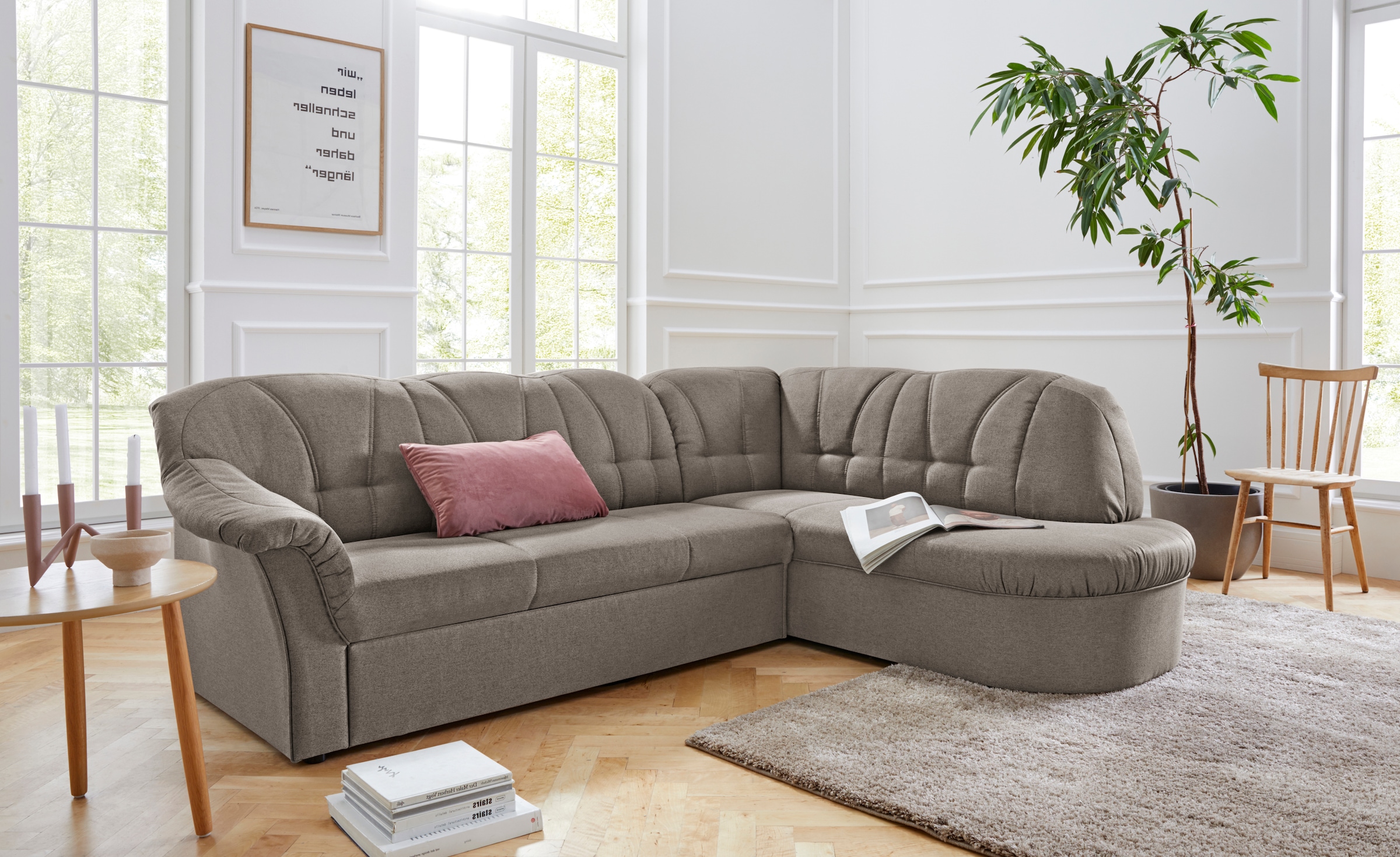 DOMO collection Ecksofa "Pegnitz, zeitlose und elegante Rückensteppung, Breite 246cm, L-Form" wahlweise mit Bettfunktion