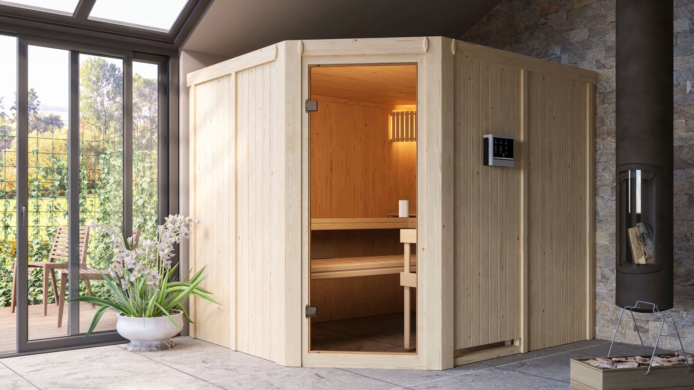 Karibu Sauna »"Homa " mit bronzierter Tür naturbelassen mit Ofen 9 kW ext. Strg.«, mit integrierter Mineralwolldämmung