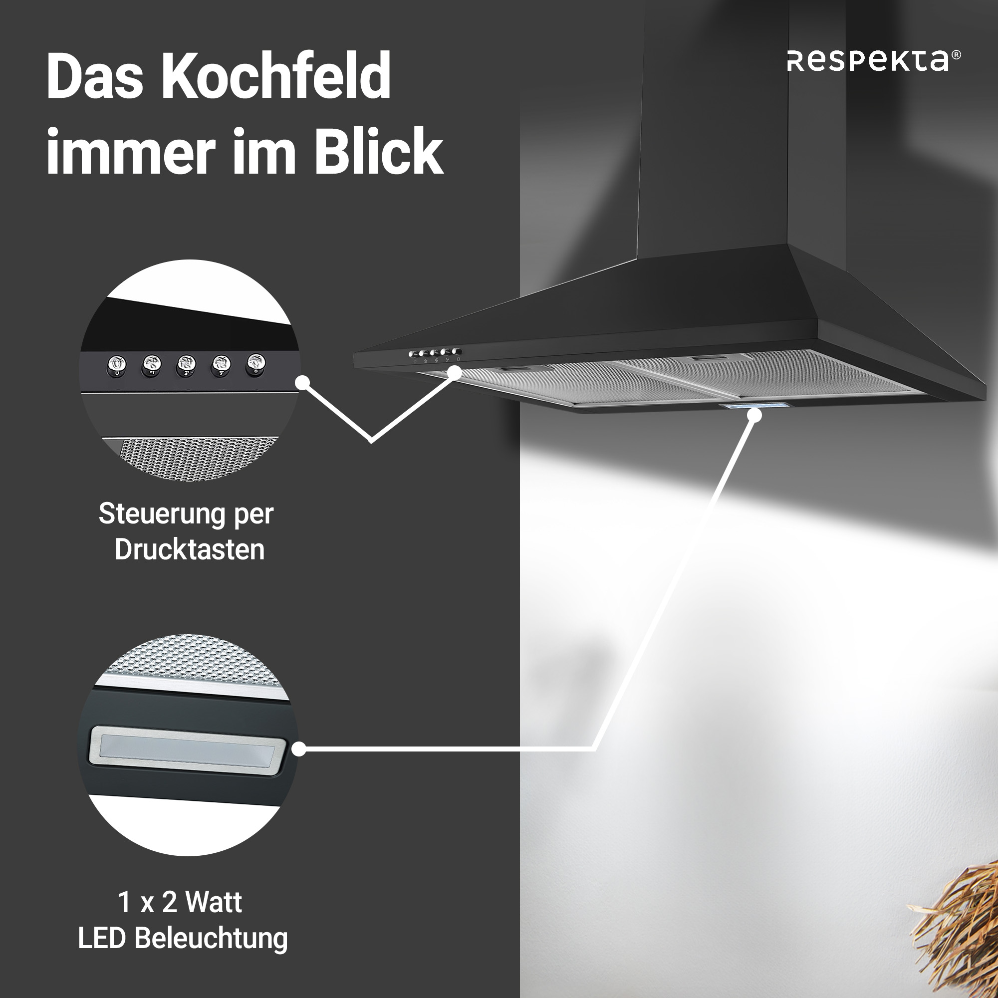 RESPEKTA Kaminhaube »CH 22055 SA«, 60 cm, 3 Leistungsstufen, LED-Beleuchtung, Ab- und Umluftfähig