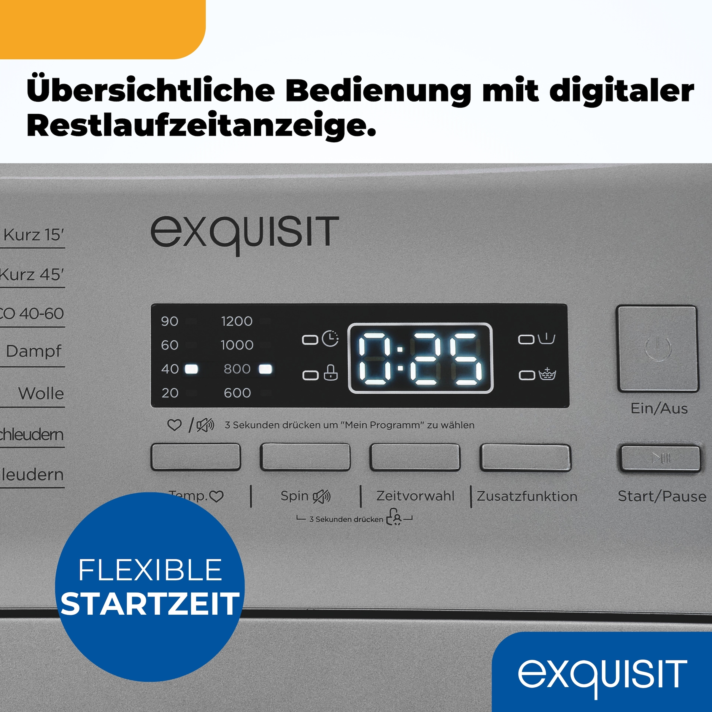 exquisit Waschmaschine »LTO1207-030A silber-dunkel«, 7,5 kg, 15 Programme, Restlaufzeitanzeige, Kindersicheruing