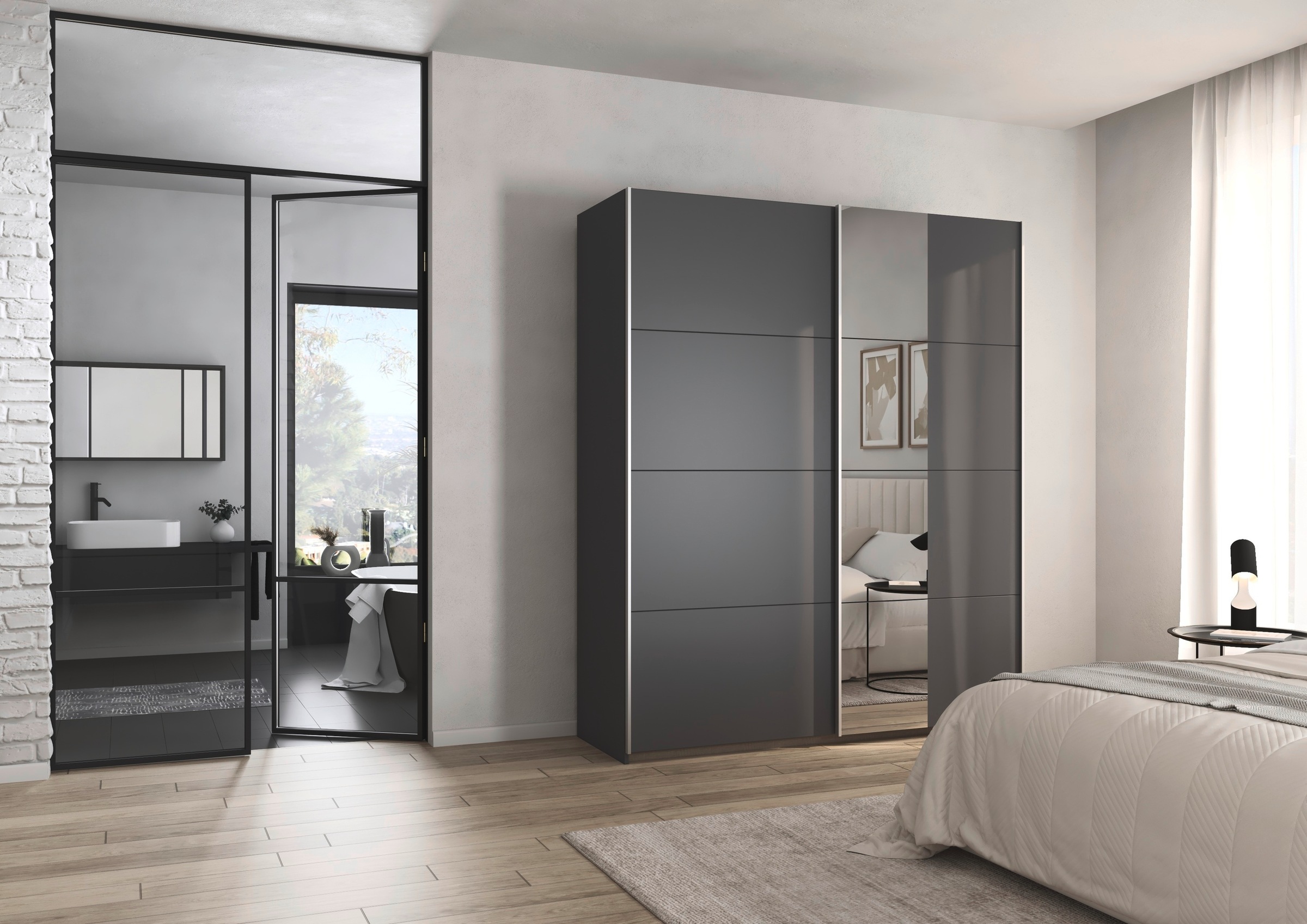 rauch Schwebetürenschrank »Kleiderschrank Schrank Garderobe Schlafzimmerschrank OXFORD«, (in 3 verschiedenen Ausstattungen BASIC/CLASSIC/PREMIUM), mit Griffleisten aus Metall, auch für kleinere Räume MADE IN GERMANY