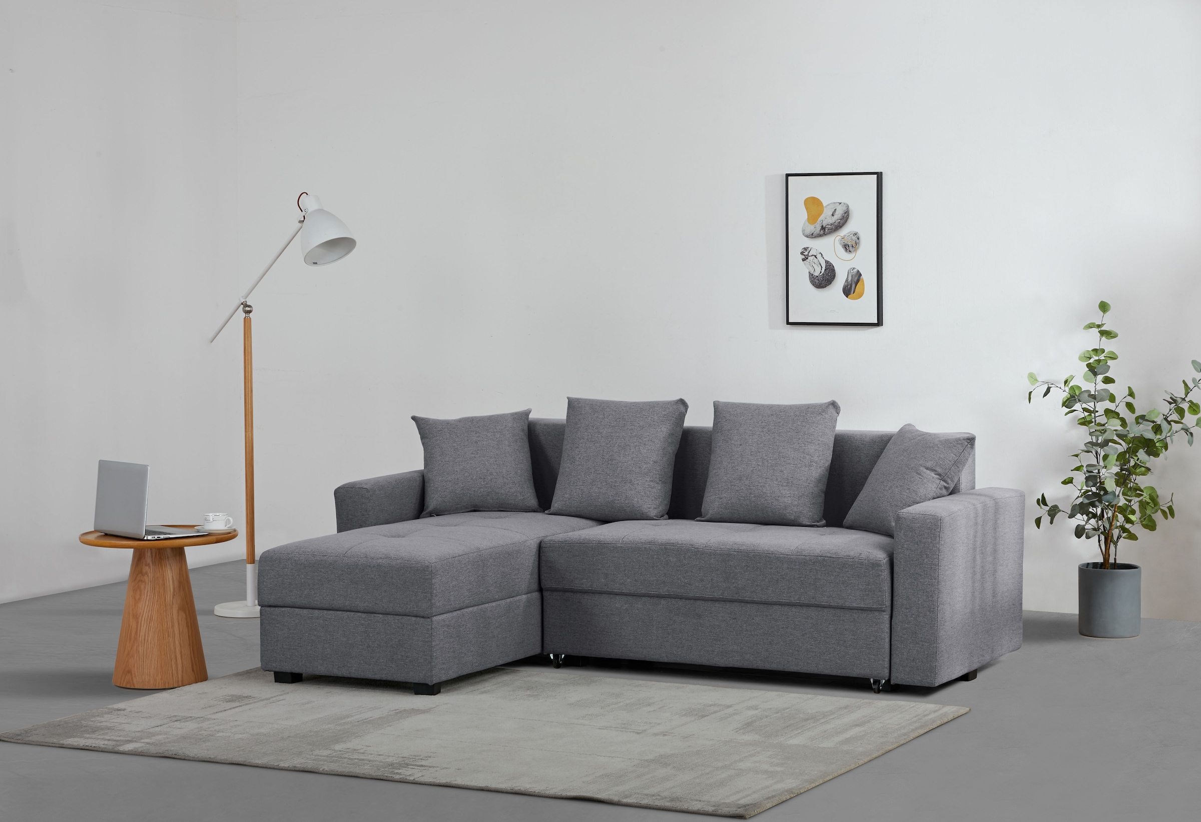 Ecksofa "KILLAM, 217 cm, L-Form, mit Schlaffunktion u. Bettkasten" Recamiere rechts / links montierbar, in Cord und Webstoff